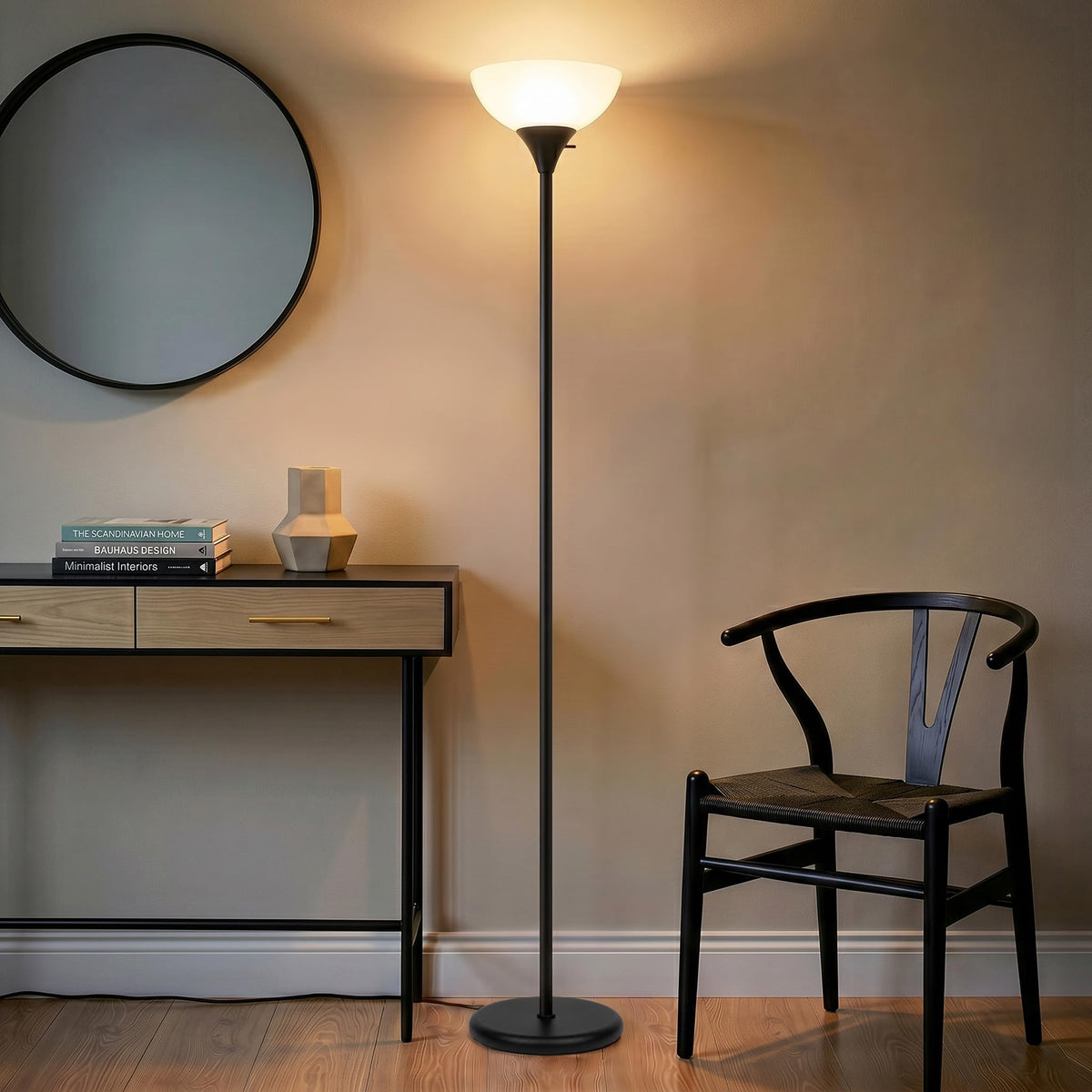 Sky Dome Dimmable LED Floor Lamp, Torchiere Floor Lamp for Living Room, Bedroom, & Office – Tall Torch Standing Lamp for Reading, Modern Home Decor – Jet Black