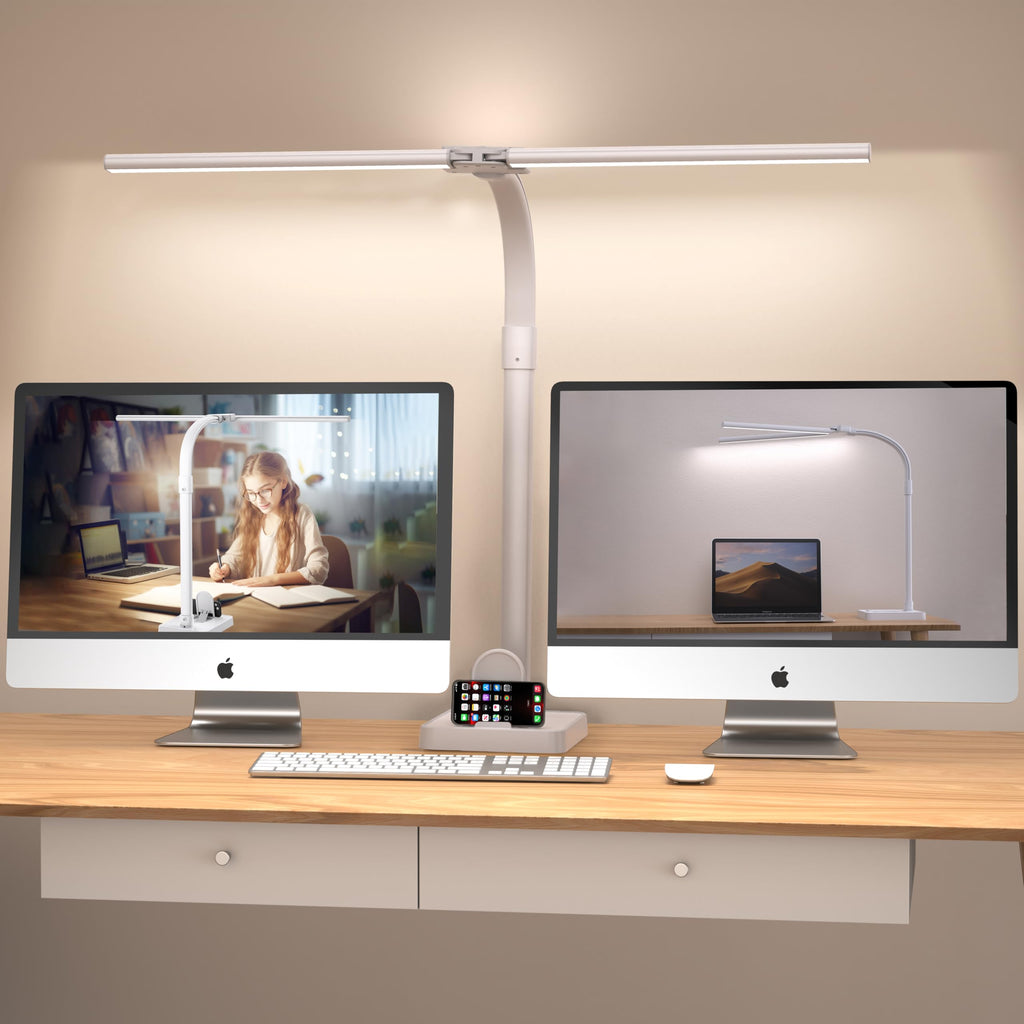 Double Head LED Desk Lamp, Architect Desk Lamps for Office, 24W Brightest Workbench Office Lighting-5 Color Modes and 5 Dimmable Eye Protection Modern Desk Lamp (White-Desktop, Big)