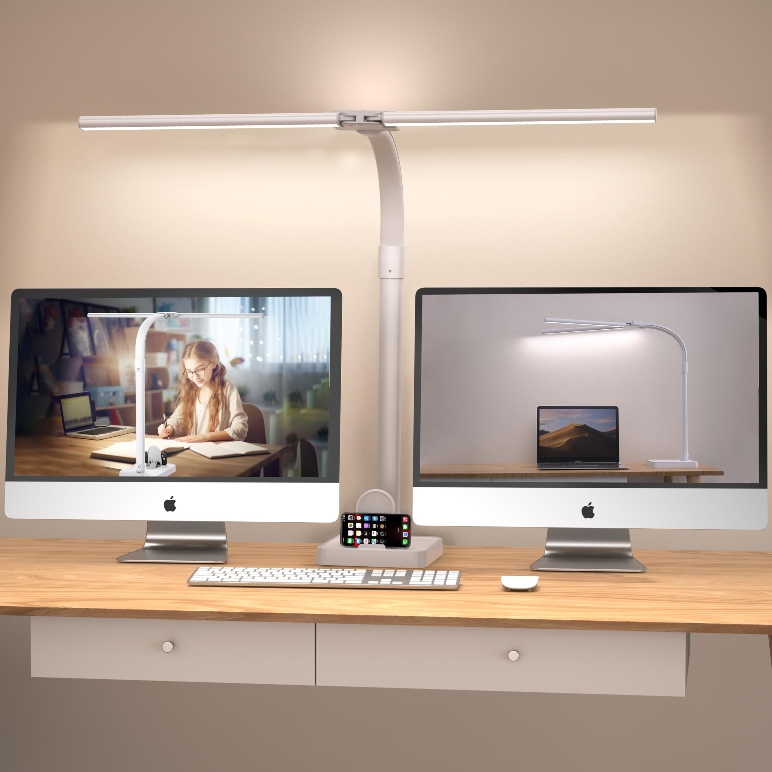 Double Head LED Desk Lamp, Architect Desk Lamps for Office, 24W Brightest Workbench Office Lighting-5 Color Modes and 5 Dimmable Eye Protection Modern Desk Lamp (White-Desktop, Big)