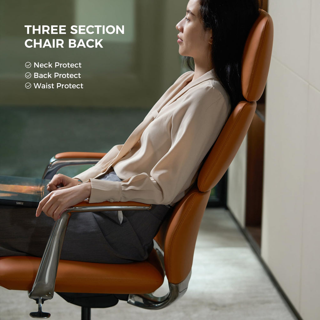 Executive Leather Office Chair, Top Grain Genuine Leather Executive Chair High Back with headrest, Adjustable Tilt & Height, Ergonomic Swivel Chair with Wheels (Orange)