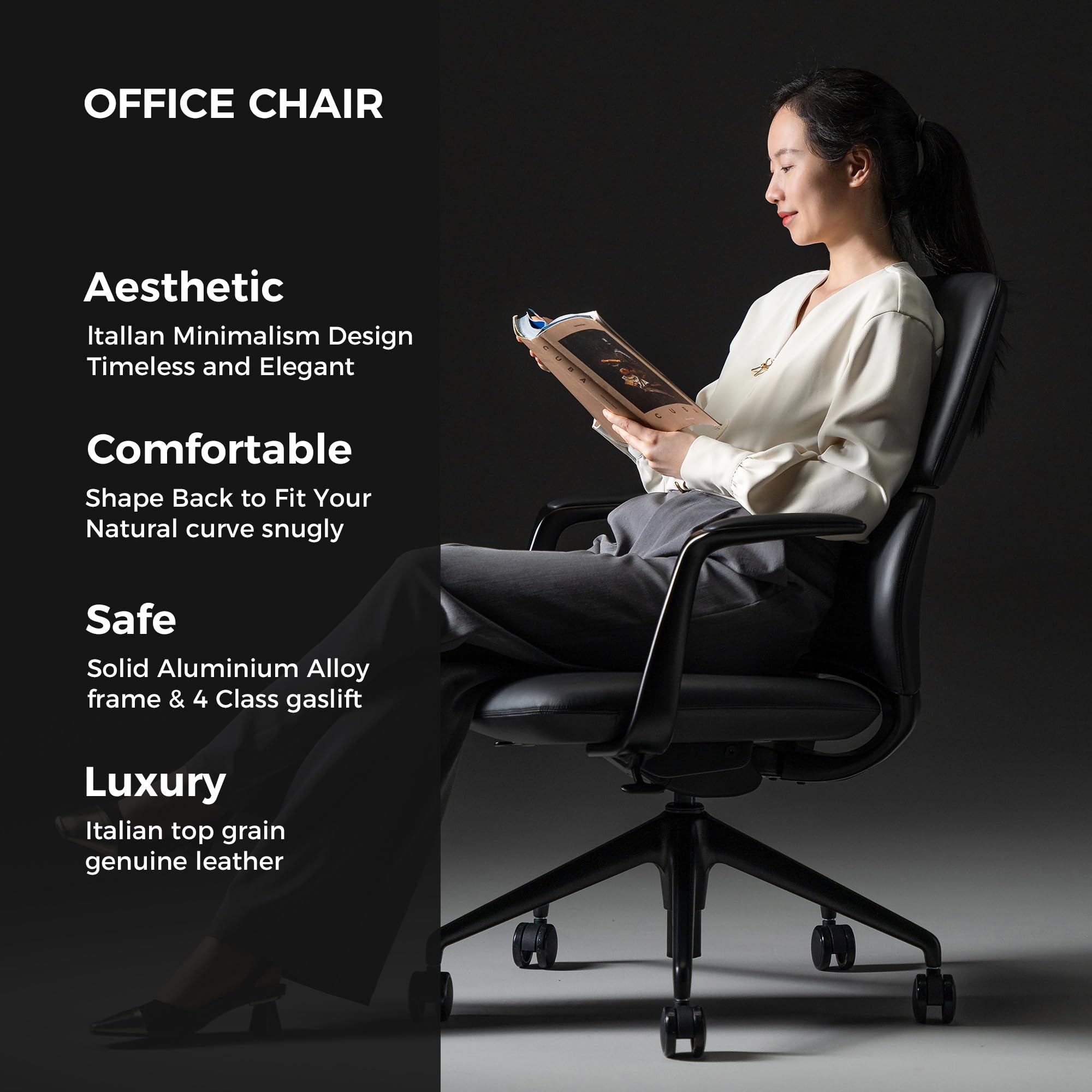 Genuine Leather Office Desk Chair with Wheels, Ergonomic Leather Executive Chair, Mid Back, Swivel Base with Adjustable Tilt, Modern Style, Luxury Aluminum Frame