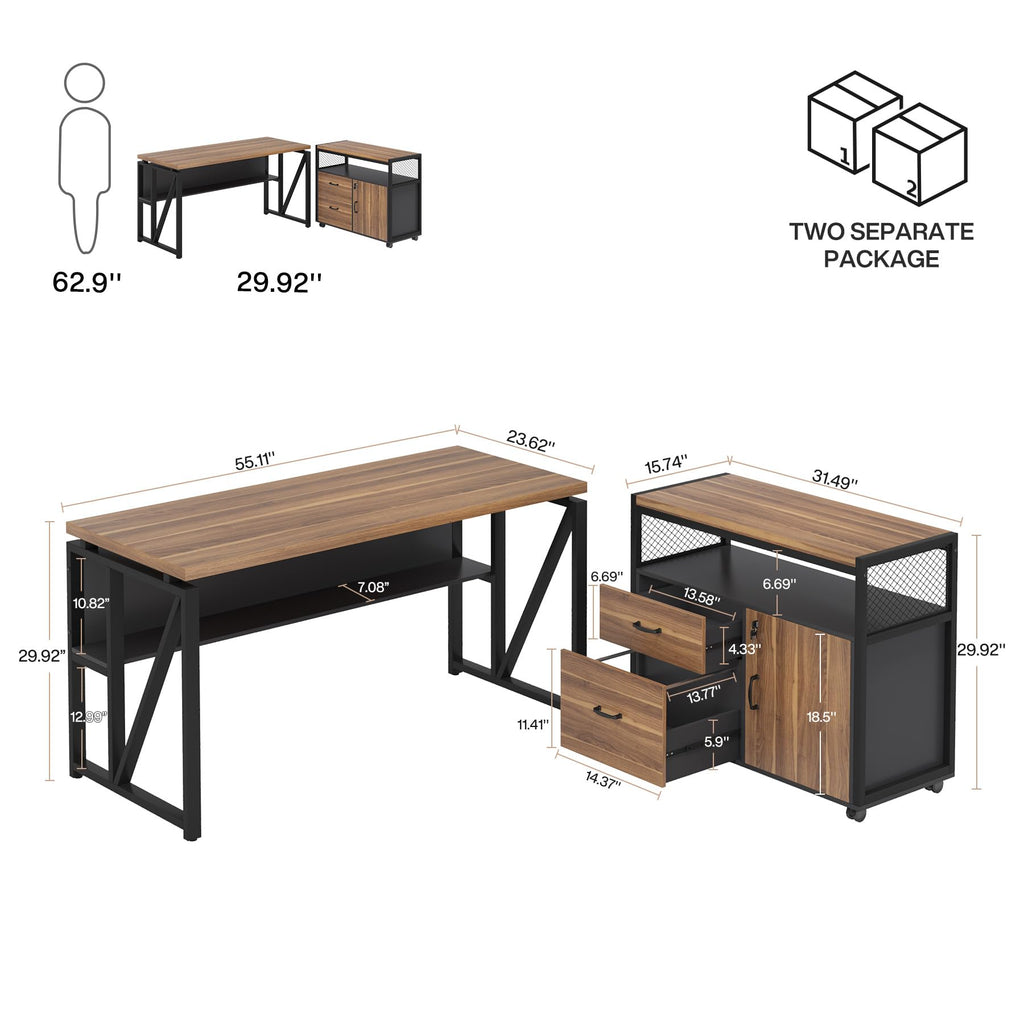 55-inch L Shaped Desk with Drawer Cabinet, Executive Computer Desk and lateral File Cabinet, 2 Piece Home Office Furniture with Drawers for Hanging File, Doors with Locks (Brown, 55 inches)