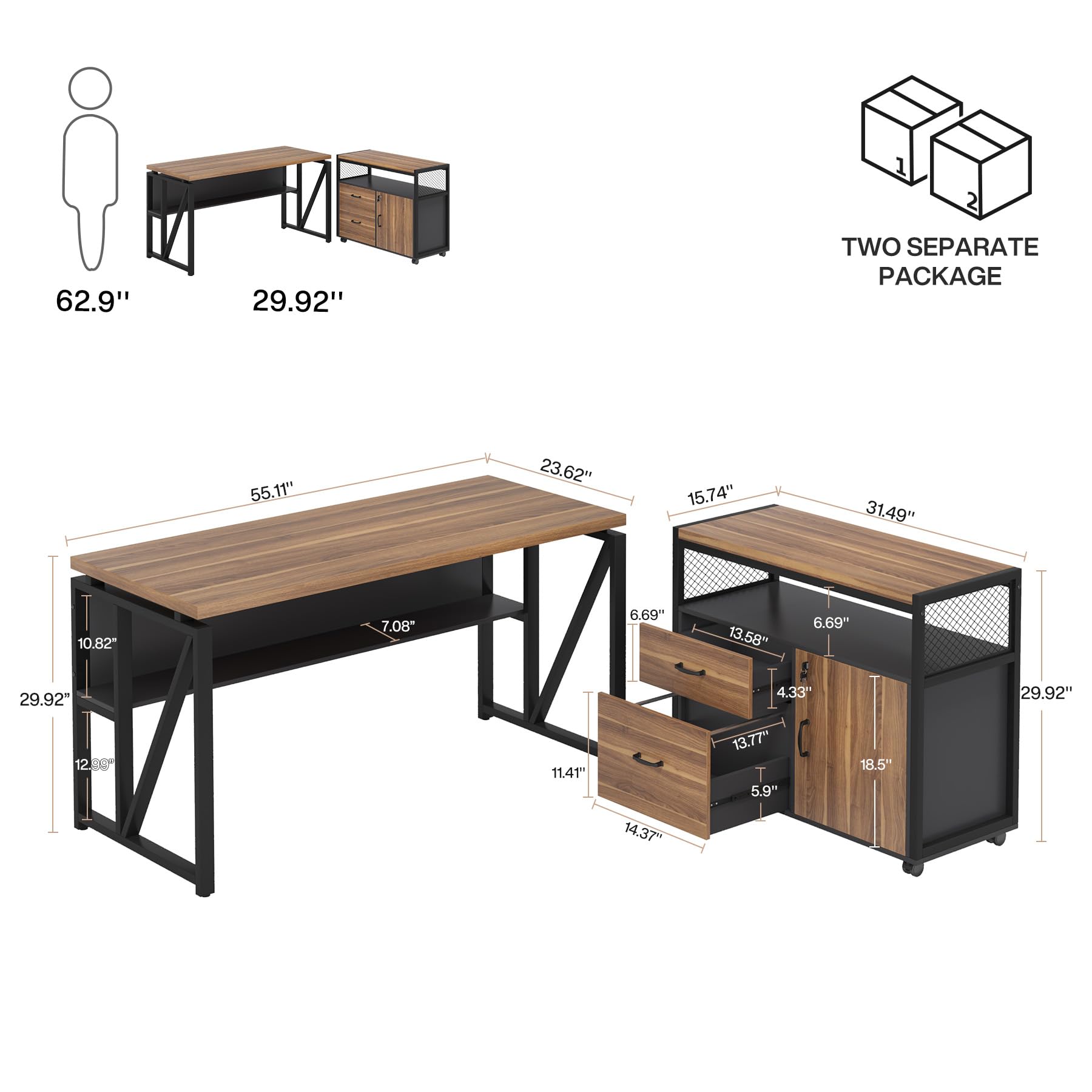 55-inch L Shaped Desk with Drawer Cabinet, Executive Computer Desk and lateral File Cabinet, 2 Piece Home Office Furniture with Drawers for Hanging File, Doors with Locks (Brown, 55 inches)