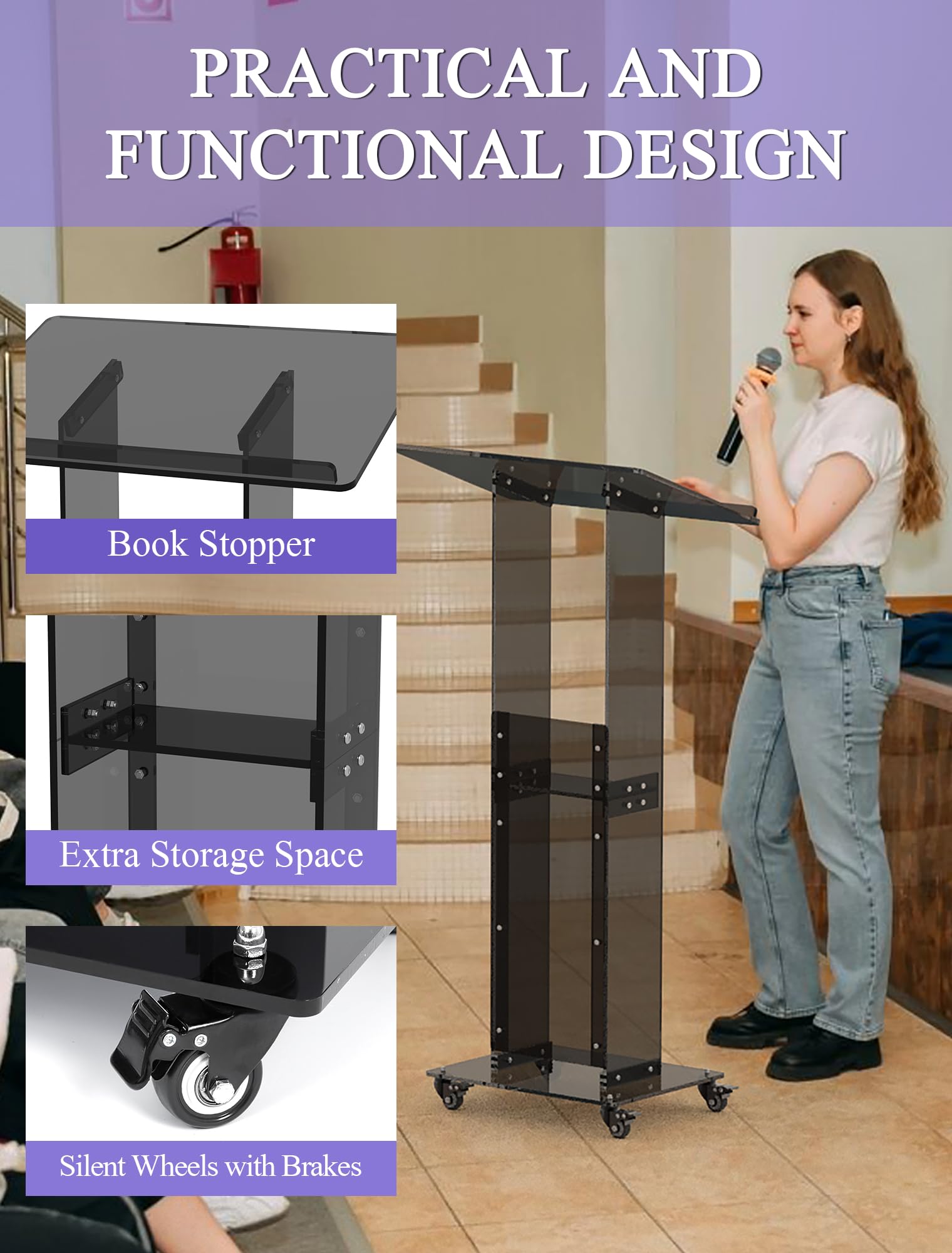 Acrylic Podium Stand with Lockable Wheels, 47" Black Podium Lectern Floor Standing Speaking Podium Modern Church Pulpit with Storage Shelf for Office Wedding School Speech Concert