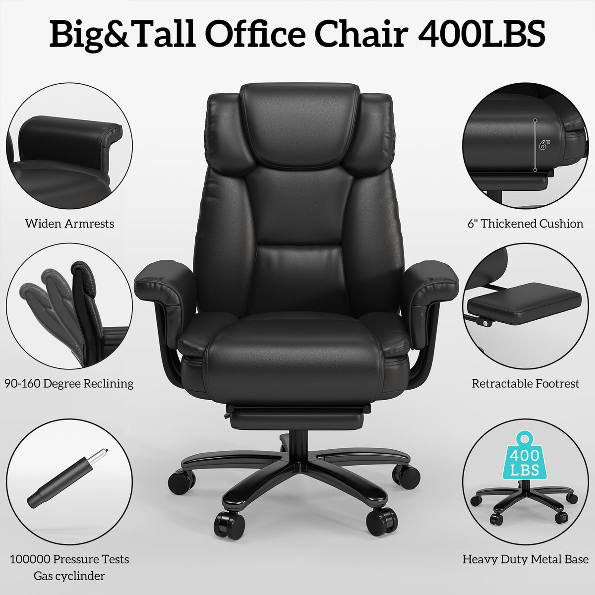 160 Reclining Office Chair with Footrest, Big & Tall Desk Chair, Black