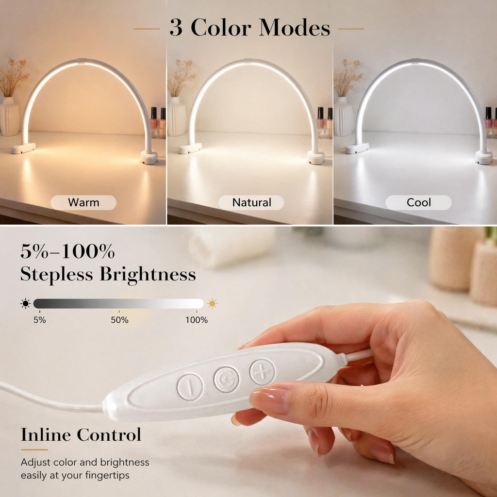 Half Moon Nail Light, 180° No Shadow LED Nail Desk Lamp with Foldable Height Adjustable Base, Nail Tech Lamp Soft Light Eye Protection for Manicure Eyelash Tattoo Craft Workbench Lighting