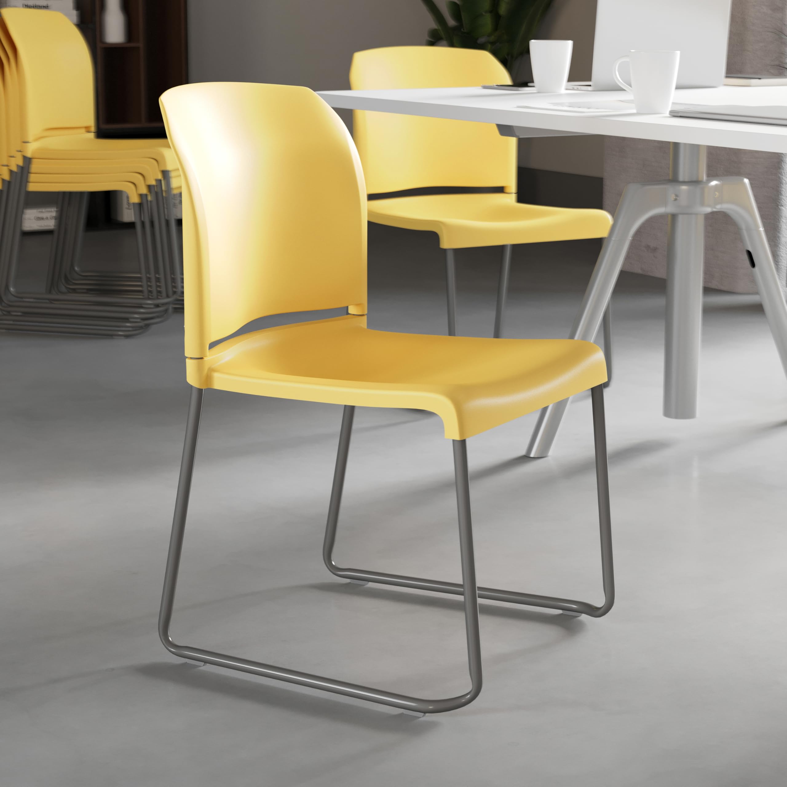 HERCULES Series 880 lb. Capacity Yellow Full Back Contoured Stack Chair with Gray Powder Coated Sled Base