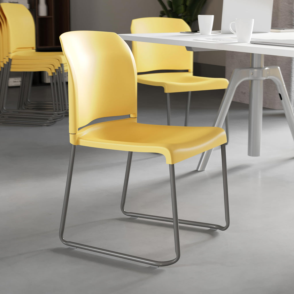 HERCULES Series 5 Pack 880 lb. Capacity Yellow Full Back Contoured Stack Chair with Gray Powder Coated Sled Base