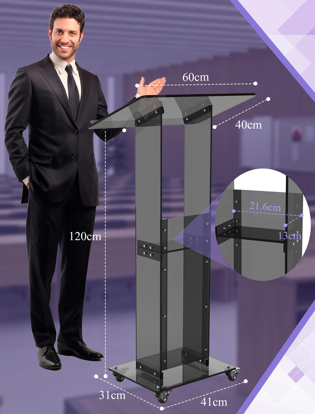 Acrylic Podium Stand with Lockable Wheels, 47" Black Podium Lectern Floor Standing Speaking Podium Modern Church Pulpit with Storage Shelf for Office Wedding School Speech Concert