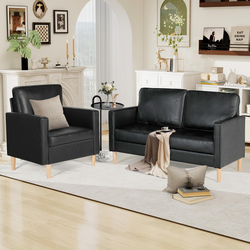 Mid-Century Sectional Sofa Set for Living Room Faux Leather Office 2 Pcs Couch Set with Armrest Modern Upholstered Loveseat Couches (1-Seater+2-Seater, Black)