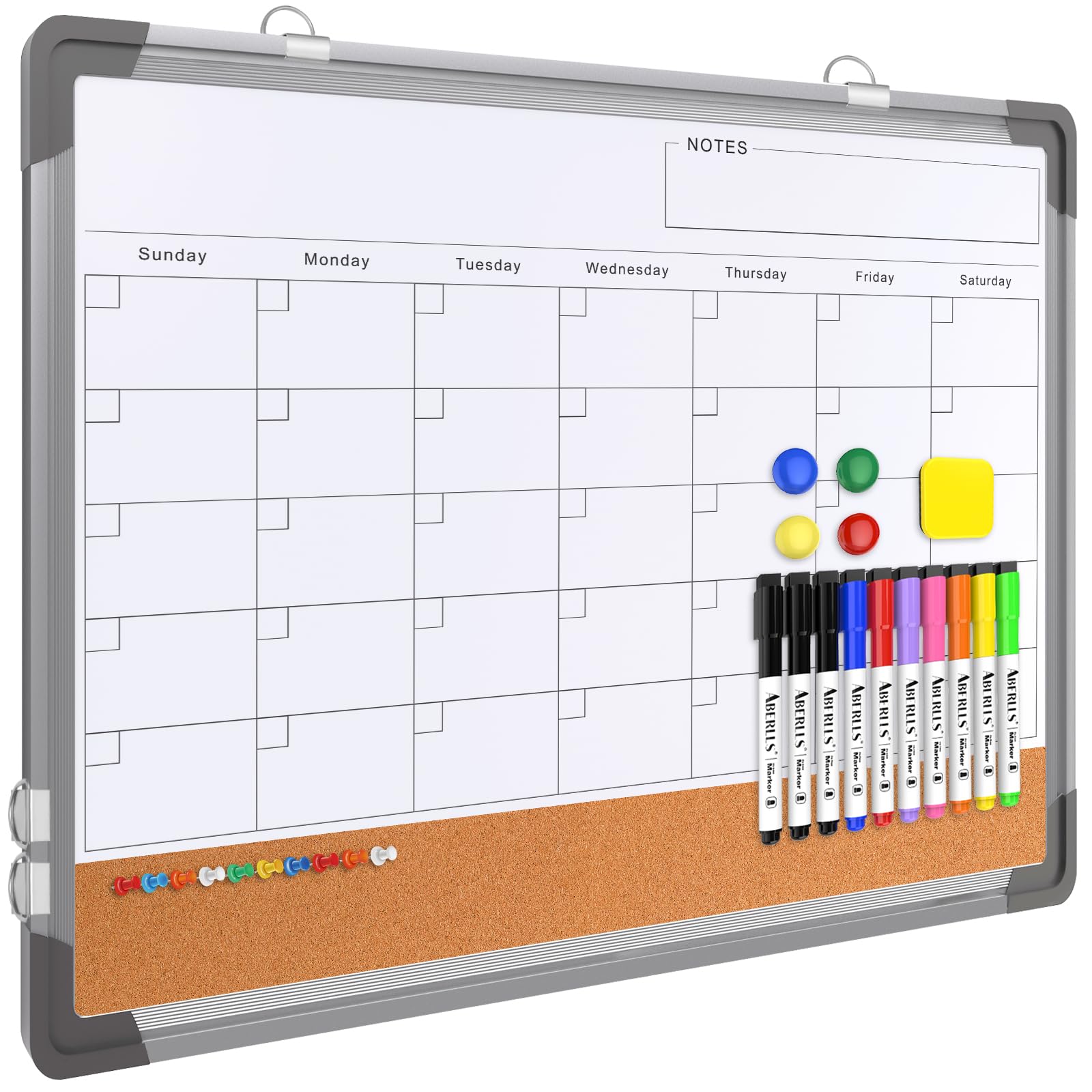 Monthly Calendar Whiteboard for Wall, 24x18 Inches Dry Erase Board with Cork Board Combo, Magnetic White Board, Double-Sided Hanging Portable Board for Office School Home Kitchen Planner Memo