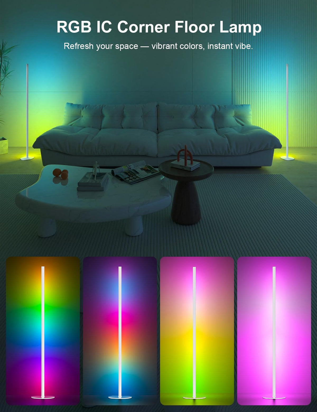Corner Floor Lamp 2 Pack, 55" Minimalist Standing Lamp with Remote Control, Music Sync 16 Million Colors, Warm White Ambient Lighting, Color Changing LED Corner Lamp for Living Room Bedroom Gaming