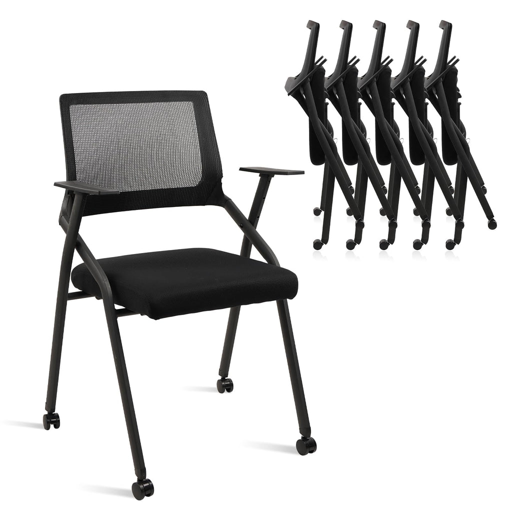 (6 pk) Ergonomic Stackable & Foldable Conference Room Chairs, Mesh Office Chair with Arms and Wheels for Office Waiting Room Meeting Lobby Church School Receptions and Training