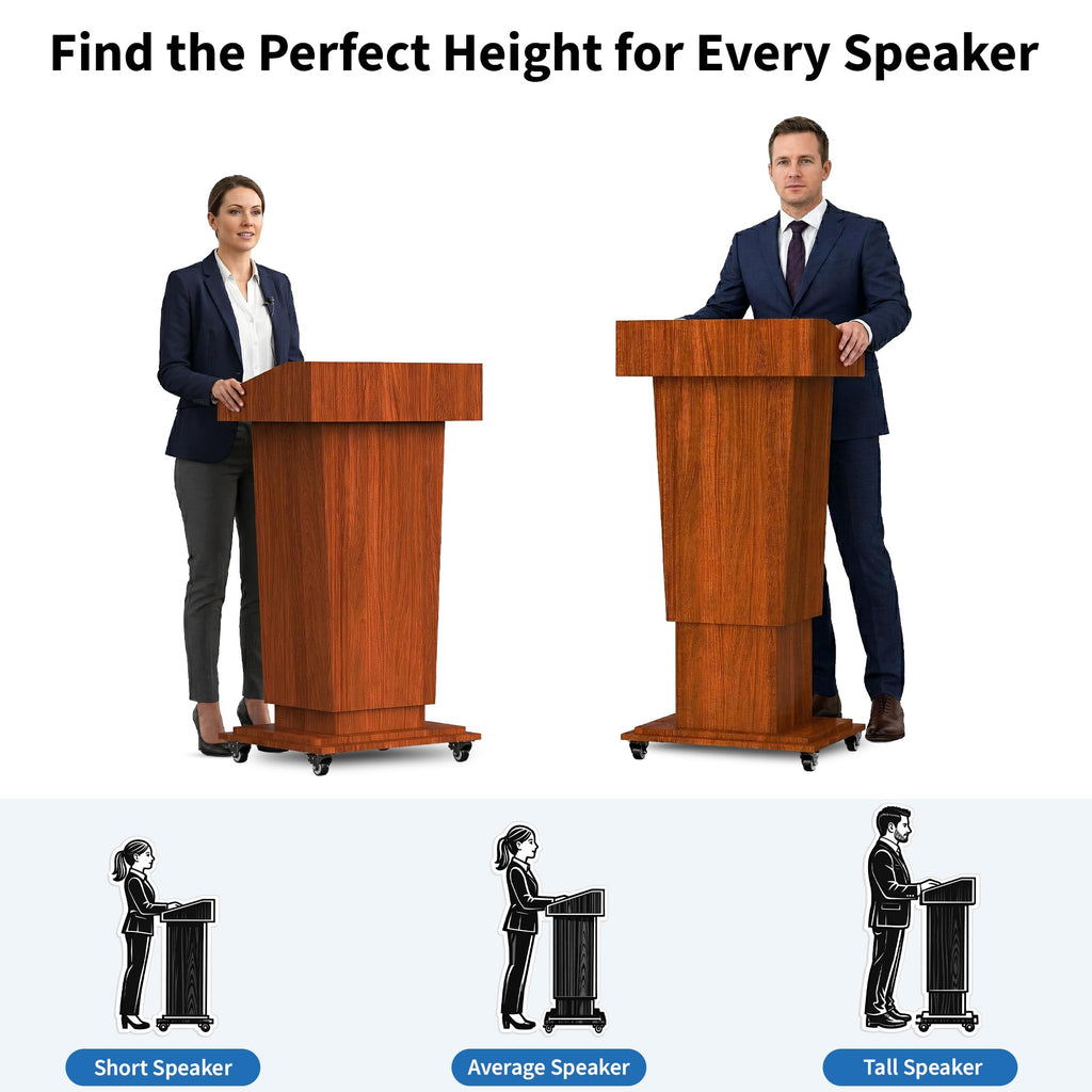 Wooden Podium Stand with Wheels, 41”–54.5” Height Adjustable Lectern, Mobile Podium with Crank Lift, Stable Base & Storage Shelf, Elegant Design for Churches, Classrooms and Conferences