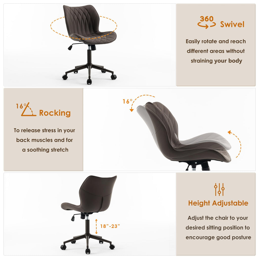 Armless Desk Chair Comfy Office Chair with Wheels Home Ergonomic Task Chair Adjustable Computer Chairs Modern Faux Leather Swivel Chair Upholstered Makeup Vanity Chair with Back(Brown)