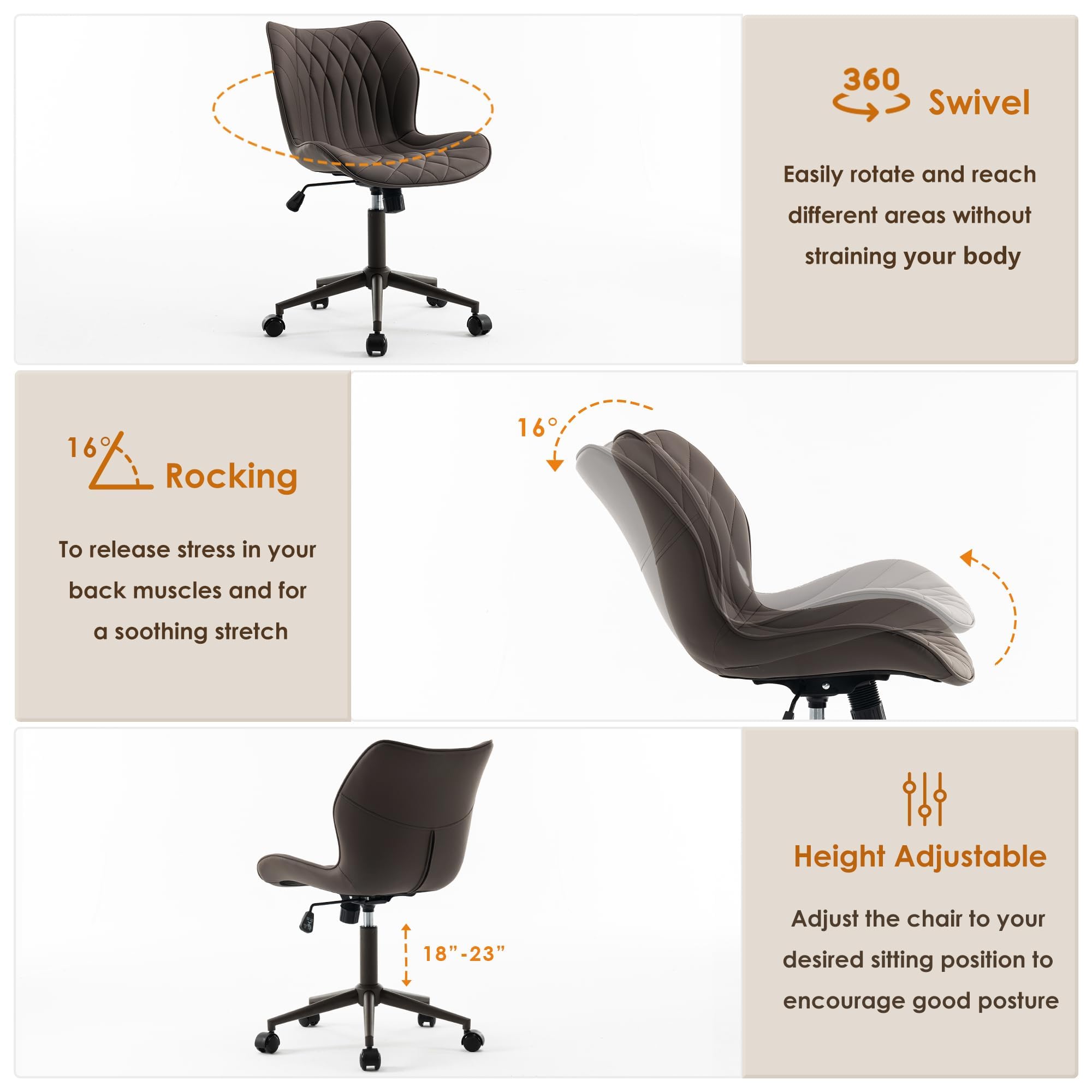 Armless Desk Chair Comfy Office Chair with Wheels Home Ergonomic Task Chair Adjustable Computer Chairs Modern Faux Leather Swivel Chair Upholstered Makeup Vanity Chair with Back(Brown)