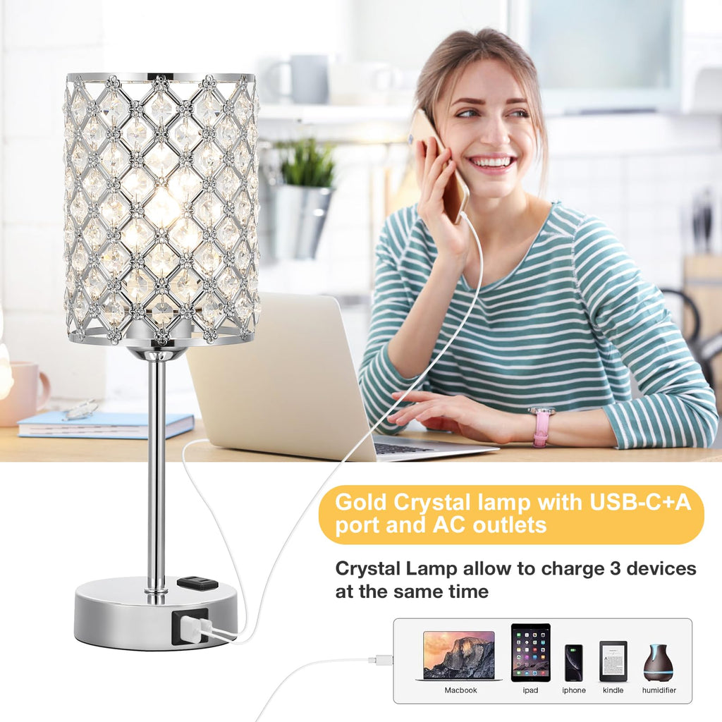 Sliver Crystal Table Lamp with Touch Control, Bedside Lamp for Nightstand