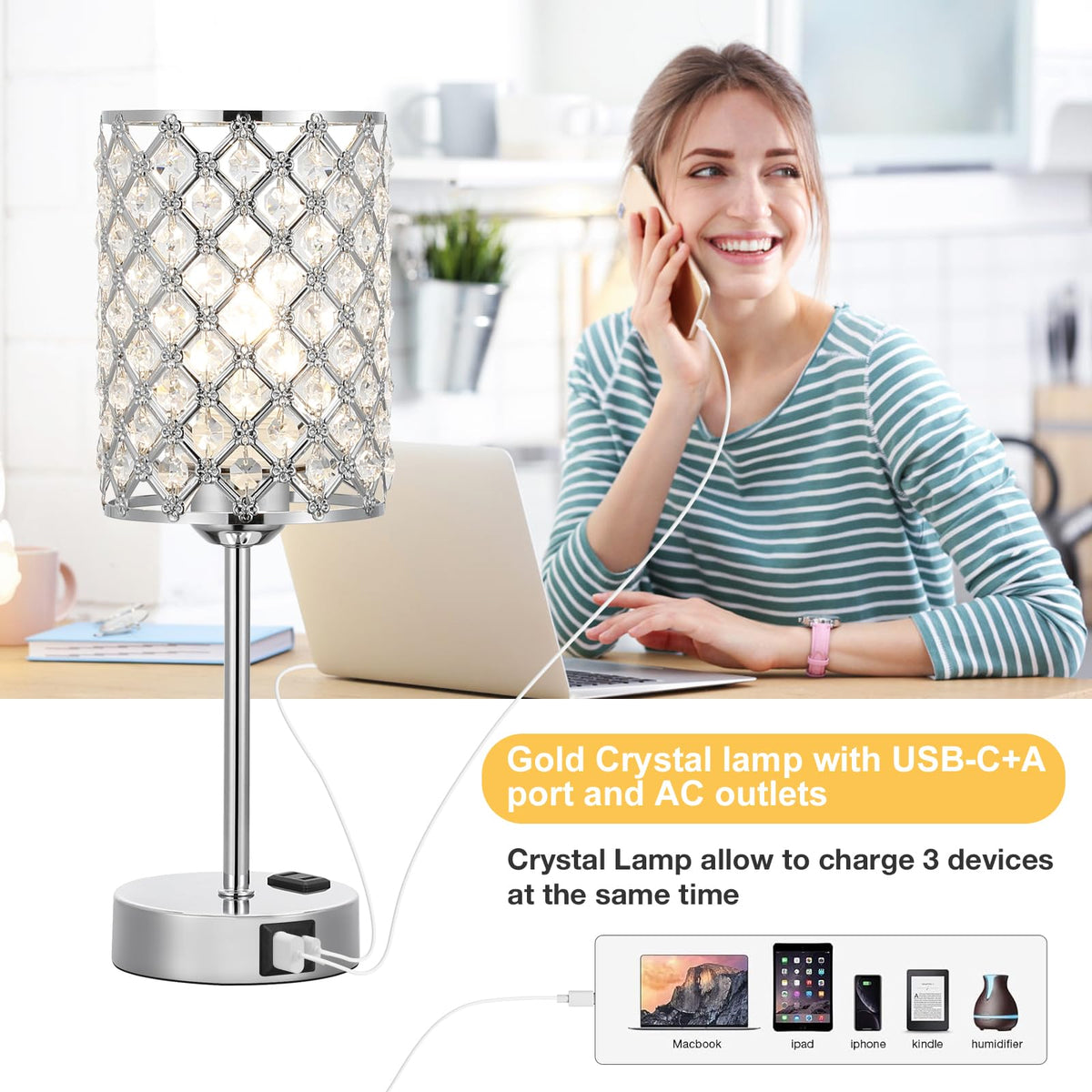 Sliver Crystal Table Lamp with Touch Control, Bedside Lamp for Nightstand