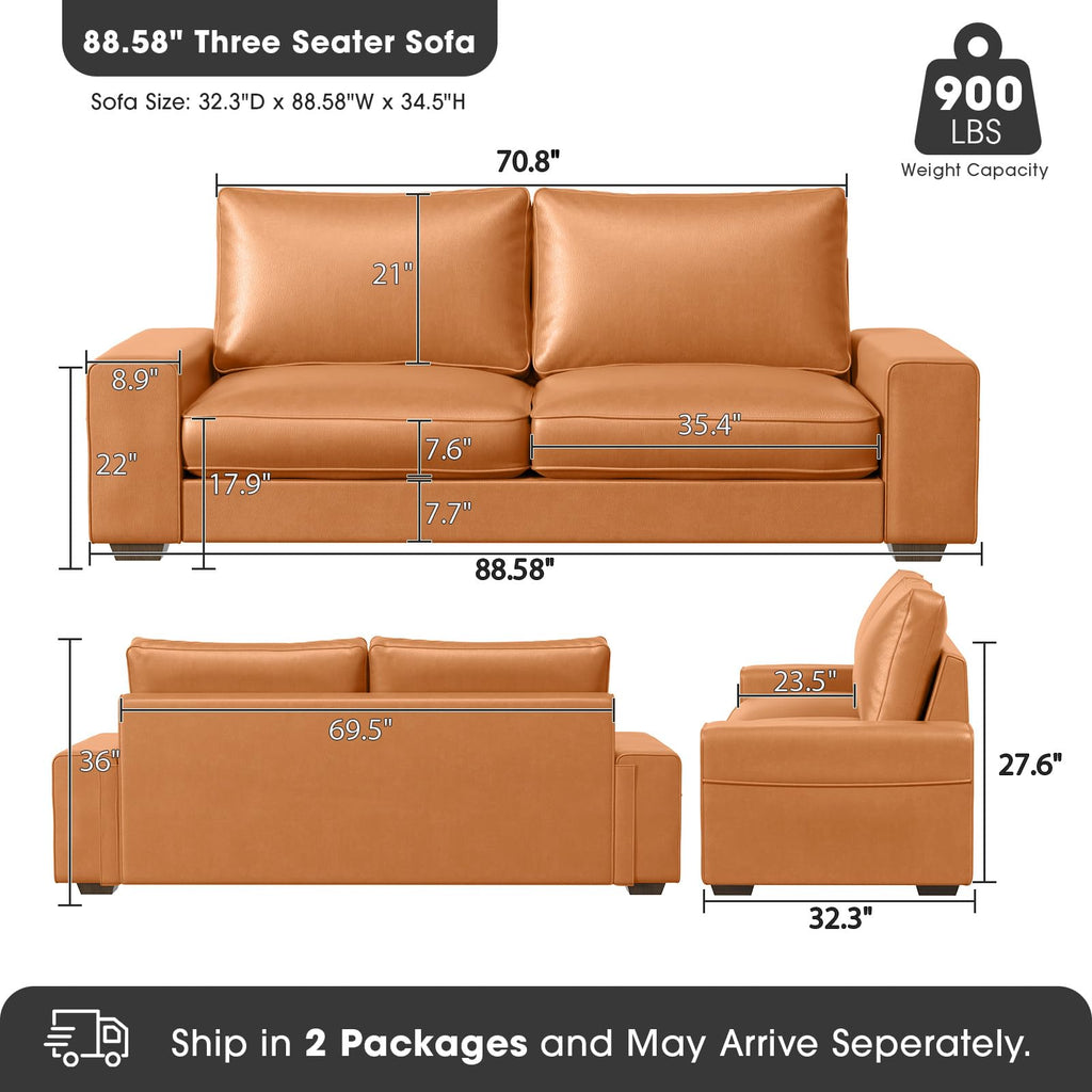 Faux Leather Couch, Mid Century Modern Comfy Loveseat Sofa with Wide Arm, Side Pockets, Solid Wooden Frame for Office, Living Room and Bedroom, 3 Seater (Brown, 88.58 inches)