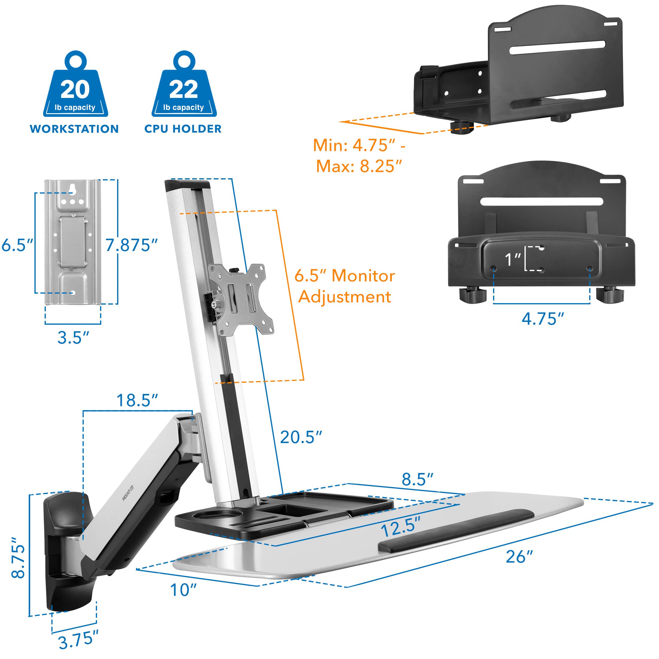 Wall Mounted Sit-Stand Single Monitor Workstation with Gas Spring Arm, Keyboard Tray & CPU Holder, 19.9” Height Adjustment, 41” Extension, VESA 75x75 100x100
