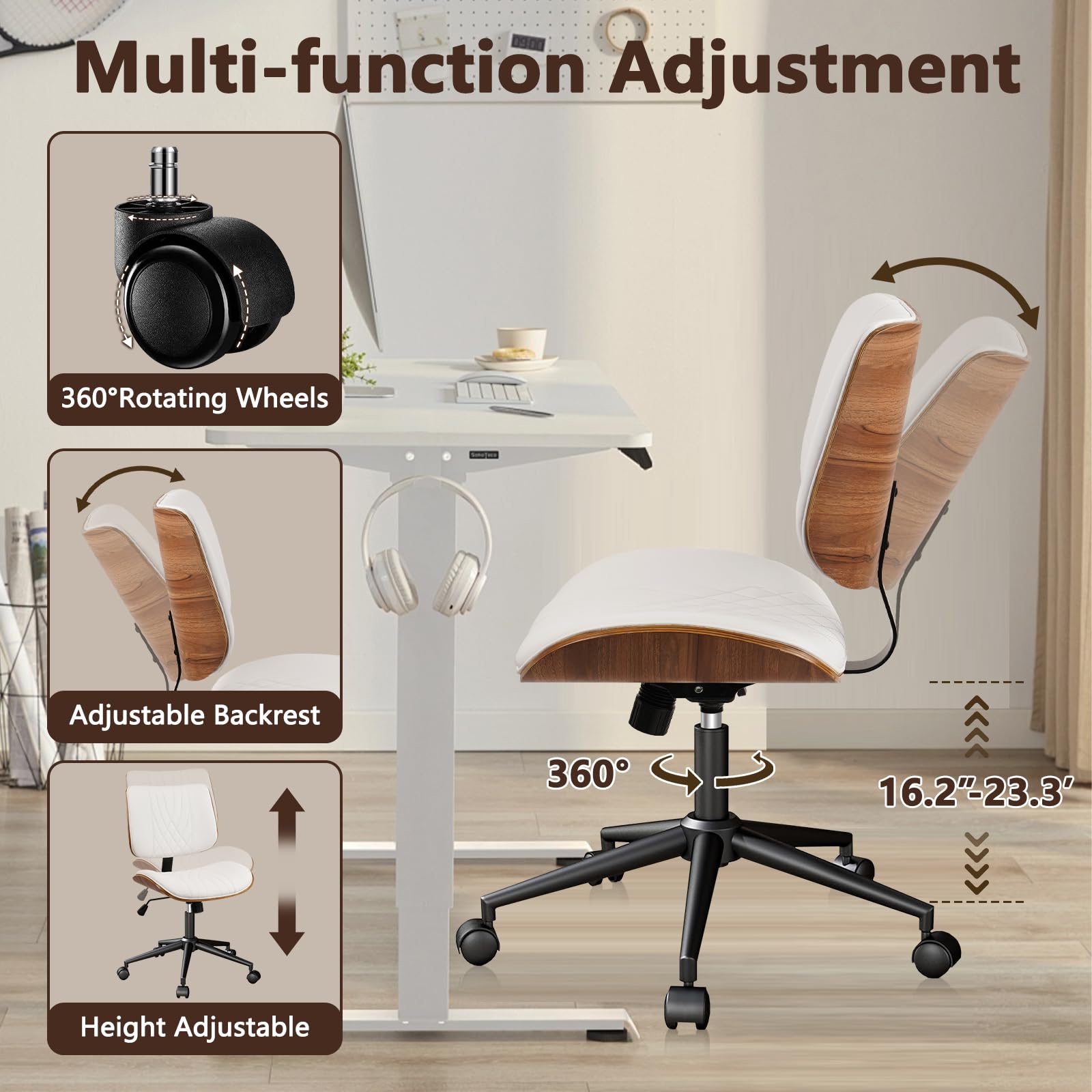 Armless Home Office Chair, Desk Chair with Wheels, Adjustable Height Reading Chair, Leather Mid Back & Swivel Computer Chair, Modern Walnut Chairs with Back for Studio Meeting Room(White)