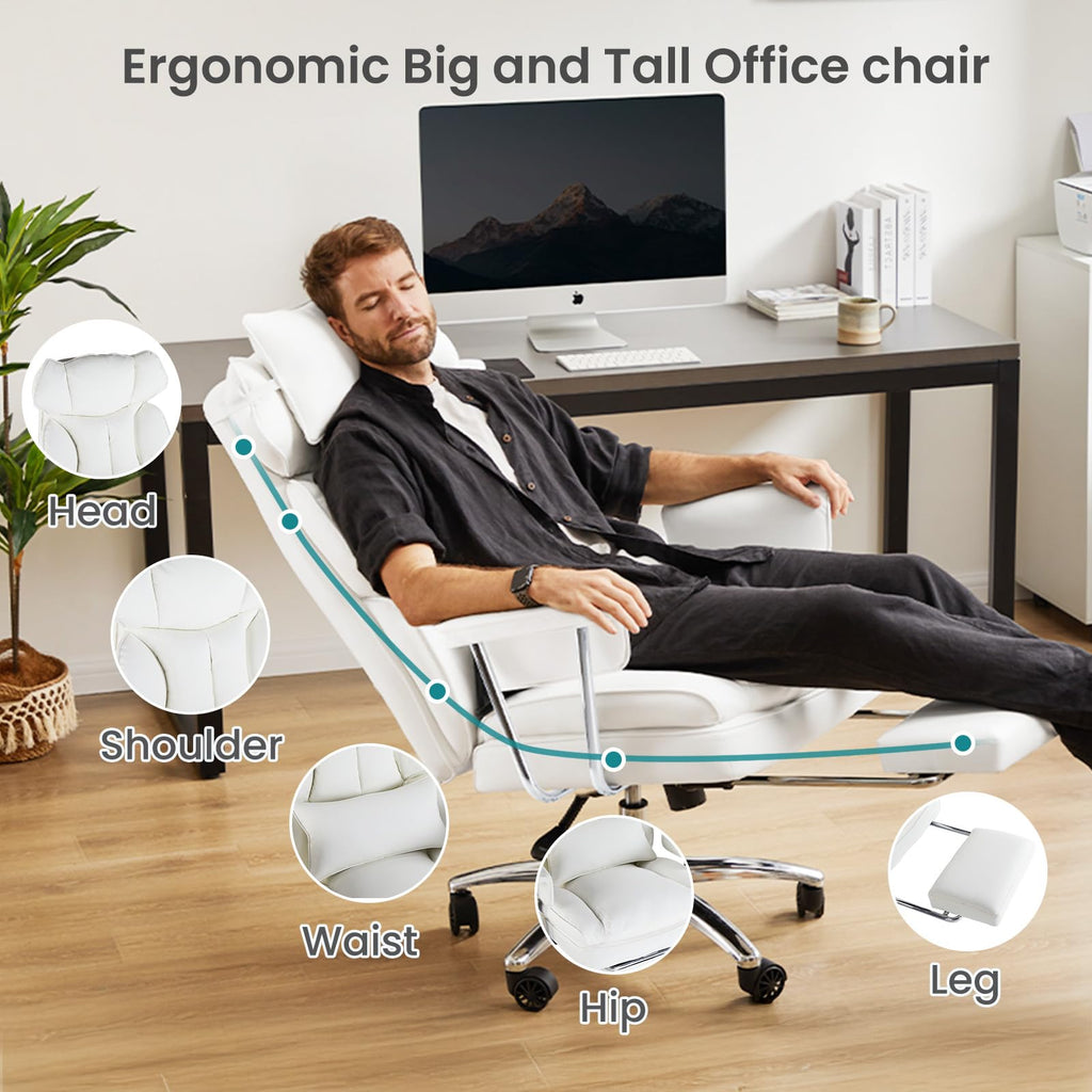 Home Office Desk Chair Comfy with Foot Rest, PU Leather Ergonomic Big and Tall High Back Support, 360° Swivel Wheels, Armrests and Detachable Pillow, Height Adjustable, White