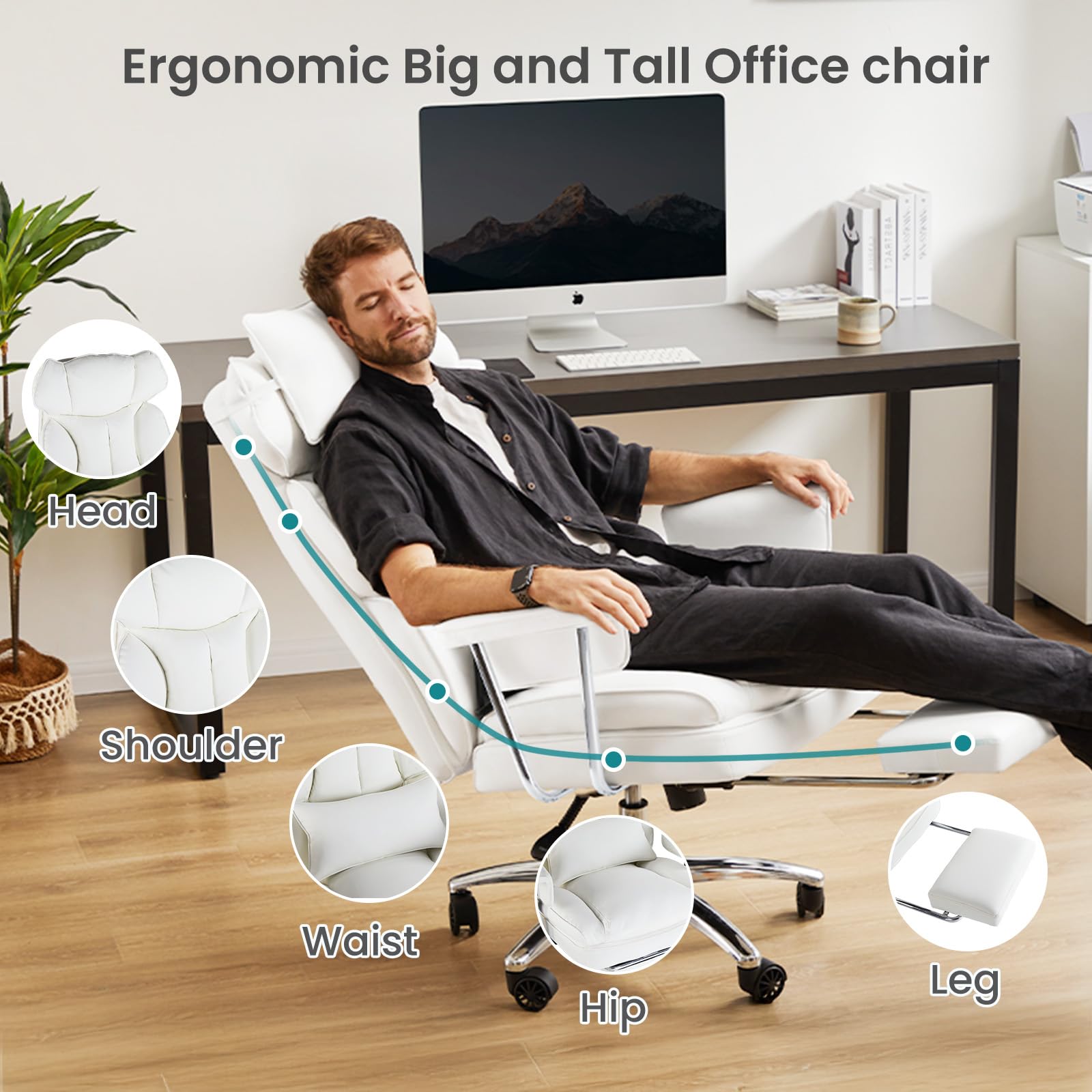 Home Office Desk Chair Comfy with Foot Rest, PU Leather Ergonomic Big and Tall High Back Support, 360° Swivel Wheels, Armrests and Detachable Pillow, Height Adjustable, White