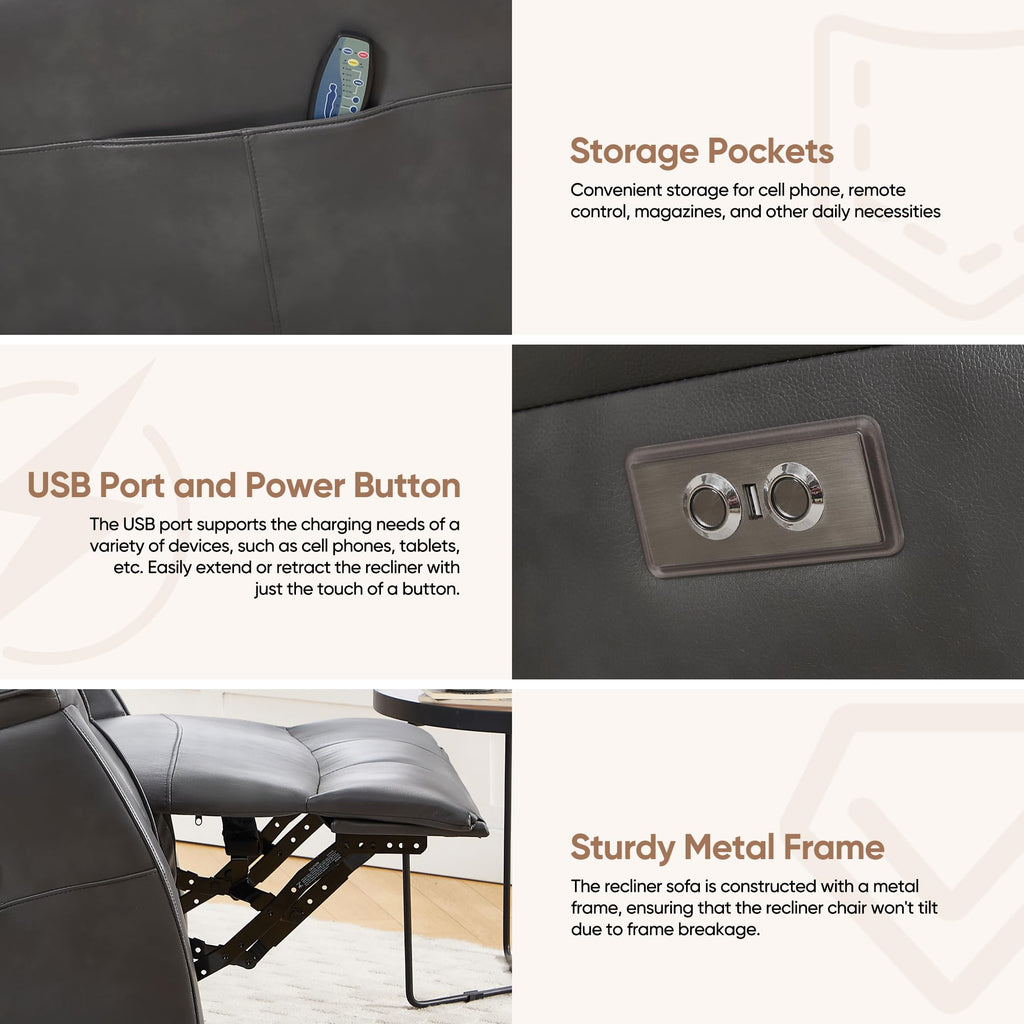 Recliner Chair for Adults, Power Faux Leather Rocker Recliner Massage and Heat, Oversized Swivel Reclining Nursery Chair with USB Ports for Living Room, Office Grey