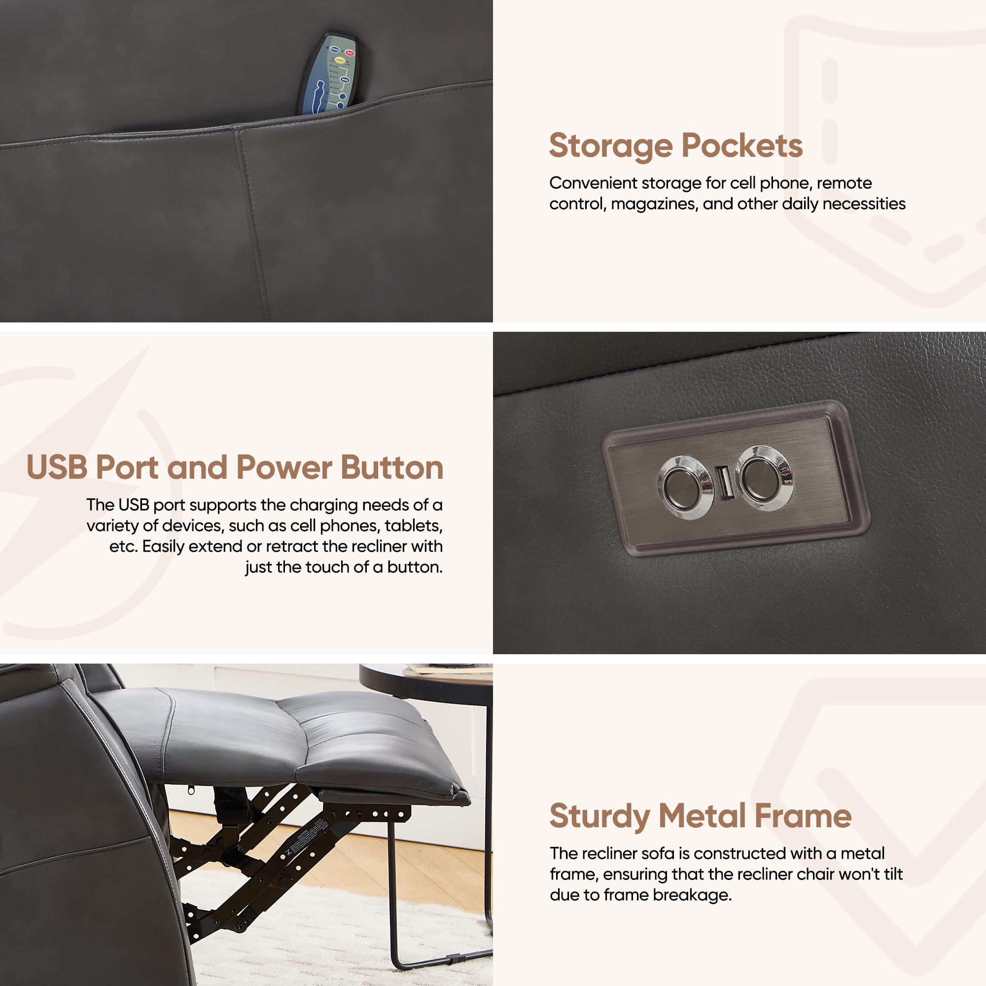 Recliner Chair for Adults, Power Faux Leather Rocker Recliner Massage and Heat, Oversized Swivel Reclining Nursery Chair with USB Ports for Living Room, Office Grey