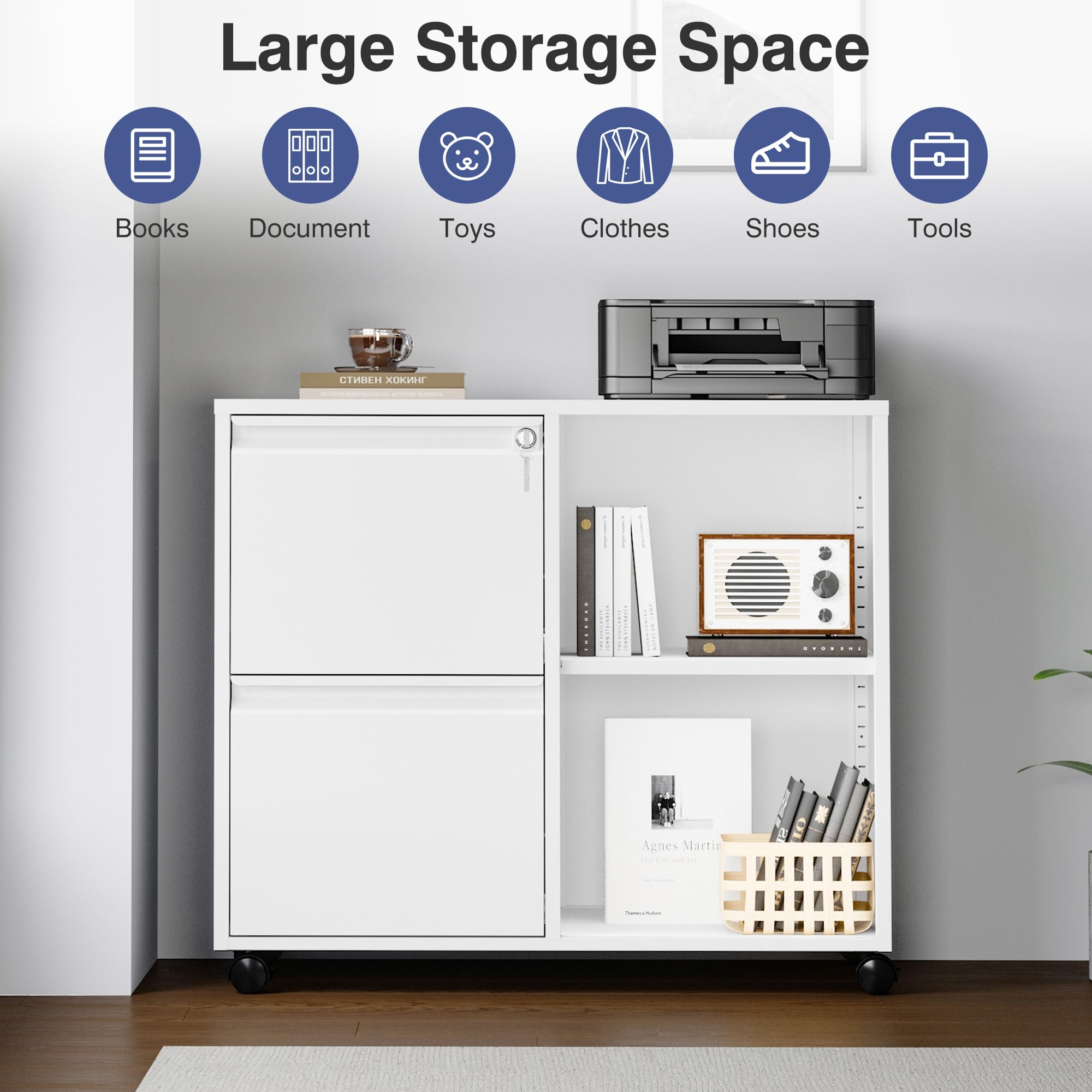Metal 2 Drawer File Cabinet with Side Hook, Lockable Lateral Filing Cabinet for Letter/A4/Legal Size Files,Rolling Printer Stand with Adjustable Shelf & Lockable Wheelss for Home Office(White)