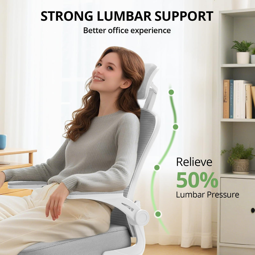 Office Chair Ergonomic Desk Chair, 330LBS Capacity, High Back Computer Design for Long Hours Comfort, Rolling Swivel for Home Office, Flip-up Armrests, White+Grey