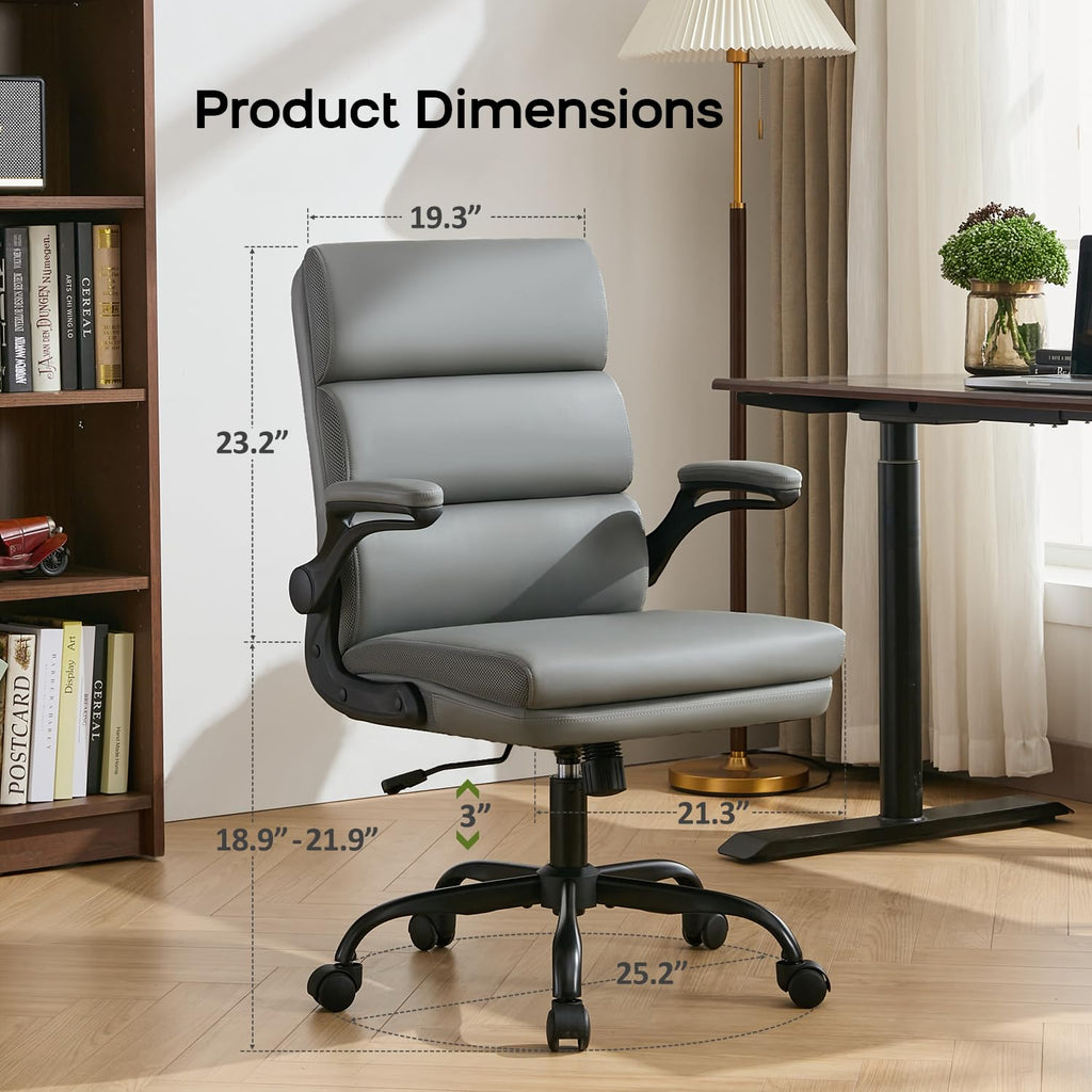 Office Chair Adjustable Desk Chair Mid Back Executive Comfortable Bonded Leather Ergonomic Back Support Home Computer Chair with Padded Flip-up Armrest Swivel Wheels (Gray)