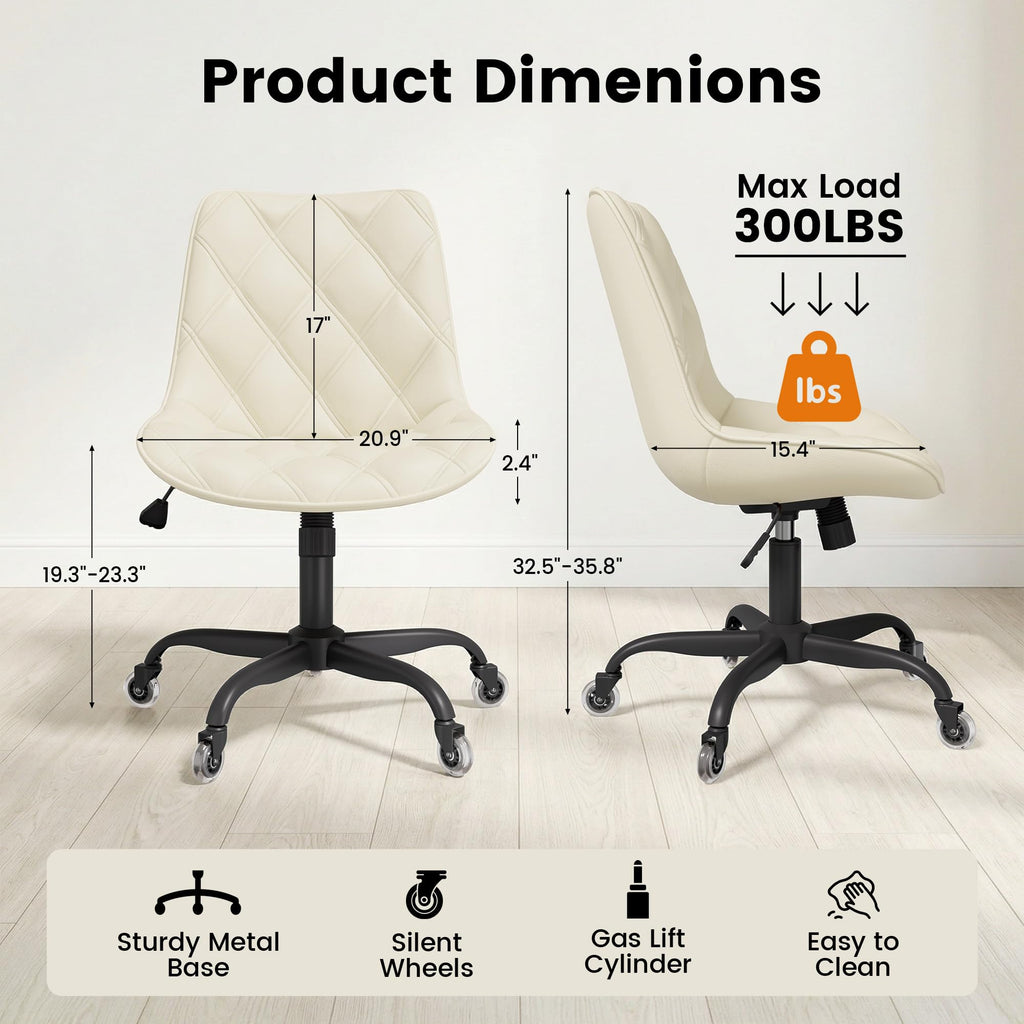 Armless Office Chair, Mid Back Modern Desk Chair with Rubber Wheels, 360 Swivel PU Leather Office Chair No Arms, Adjustable Height Small Computer Chair, Armless Desk Chair for Office, White