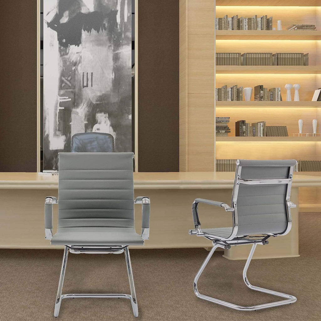 Conference Room Chairs Set of 6, Waiting Room Chairs with Arms, Faux Leather Reception Chairs No Wheels, Office Guest Chairs with Mid Back Support and Chrome Sled Base, Grey