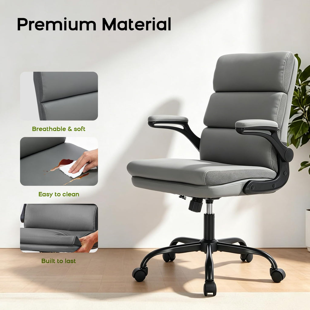 Office Chair Adjustable Desk Chair Mid Back Executive Comfortable Bonded Leather Ergonomic Back Support Home Computer Chair with Padded Flip-up Armrest Swivel Wheels (Gray)