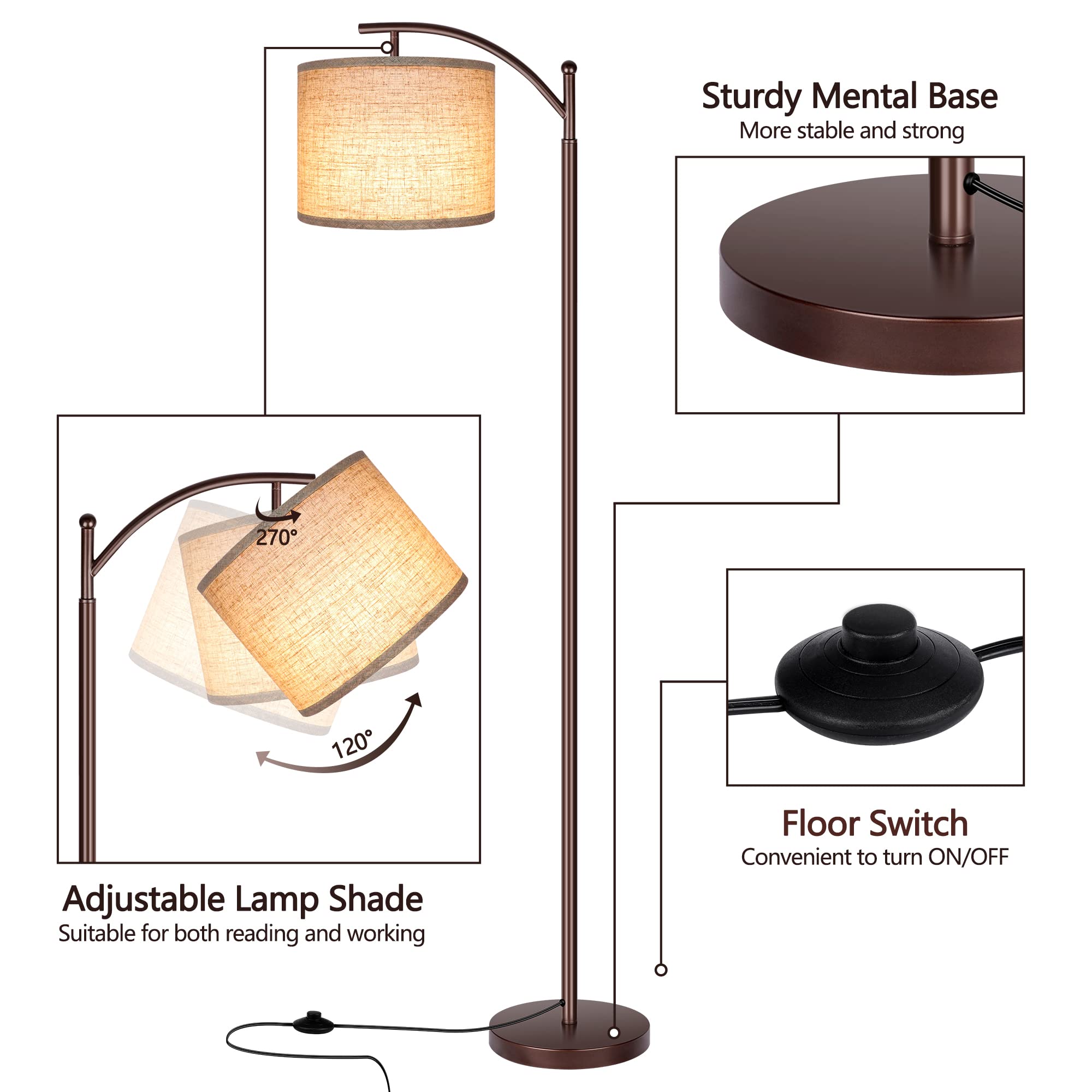 Floor Lamp for Living Room, LED Standing Lamp Tall Industrial Floor Lamp Reading for Bedroom, Office (9W LED Bulb, Beige Lampshade Included) -Oil-Rubbed Bronze