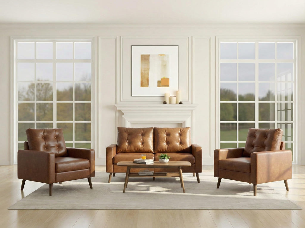 Set of 2 Mid Century Modern Armchair, Button Tufted Faux Leather Accent Chair with Arm, Upholstered Club Chair for Office, Living Room, Bedroom, Rubber Wood Legs, Caramel