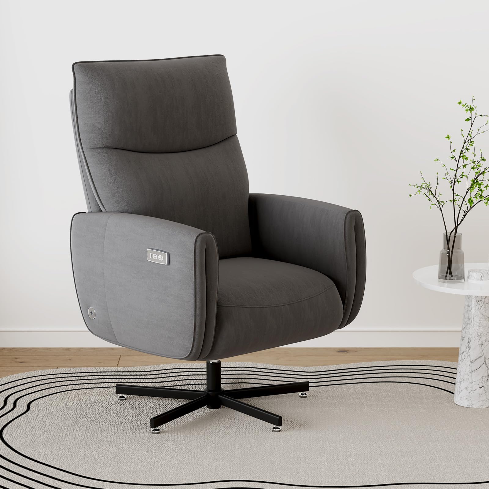 Power Swivel Recliner Chair, Modern Electric with USB & Type-C Ports, Upholstered Velvet Swivel Recliner Chair, 360° Swivel for Office & Living Room, Easy Assembly (Dark Gray)
