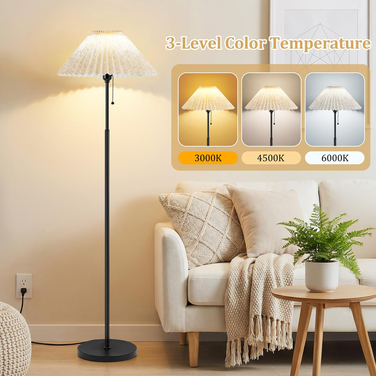Floor Lamps for Living Room, 59.5" Pleated Modern Standing Lamp,Linen Shade