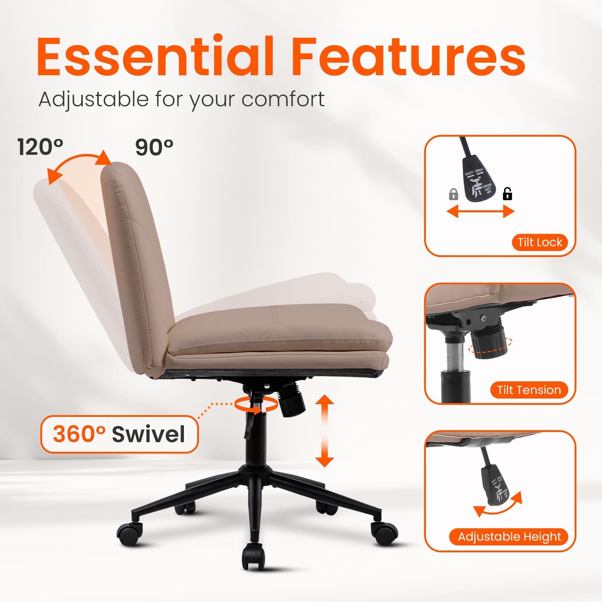 Criss Cross Chair with Wheels Comfy Wide Vanity Desk Chair Dual Base Leather Armless Adjustable Swivel for Home Computer Task (Brown Pu, Faux Leather)
