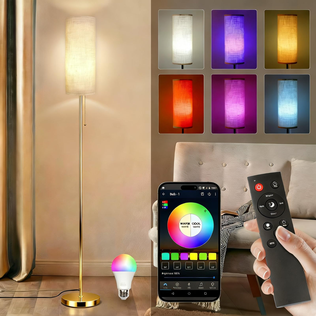 Floor Lamps for Living Room with RGB Color Changing Bulb Dimmable Color Brightness Standing Lamp with Remote Tall Lamps with Chain Switch for Bedroom Office 9W LED Bulb Included, Gold Body RGB Bulb