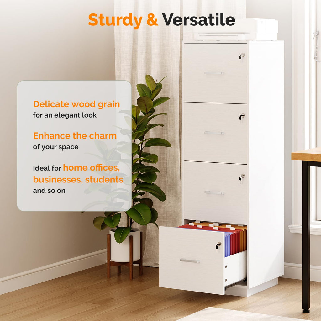 4 Drawer File Cabinet with Lock, Home Office Filing Organizer, for Letter Size File Folder Storage, Wood Tall Vertical Filing Cabinet, Printer Stand, Archivador (White)