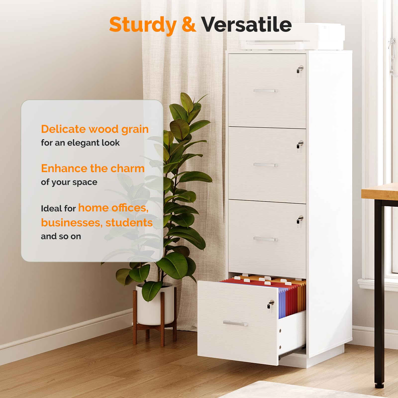 4 Drawer File Cabinet with Lock, Home Office Filing Organizer, for Letter Size File Folder Storage, Wood Tall Vertical Filing Cabinet, Printer Stand, Archivador (White)