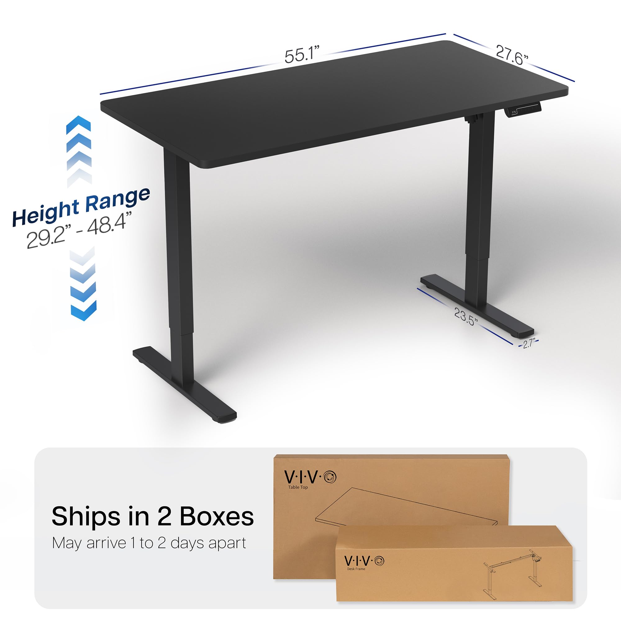 Electric 55 x 28 in Standing Desk, Memory Height Adjustment, 1B Series, Holds 220 lbs, One-Piece Black Top, Black Frame