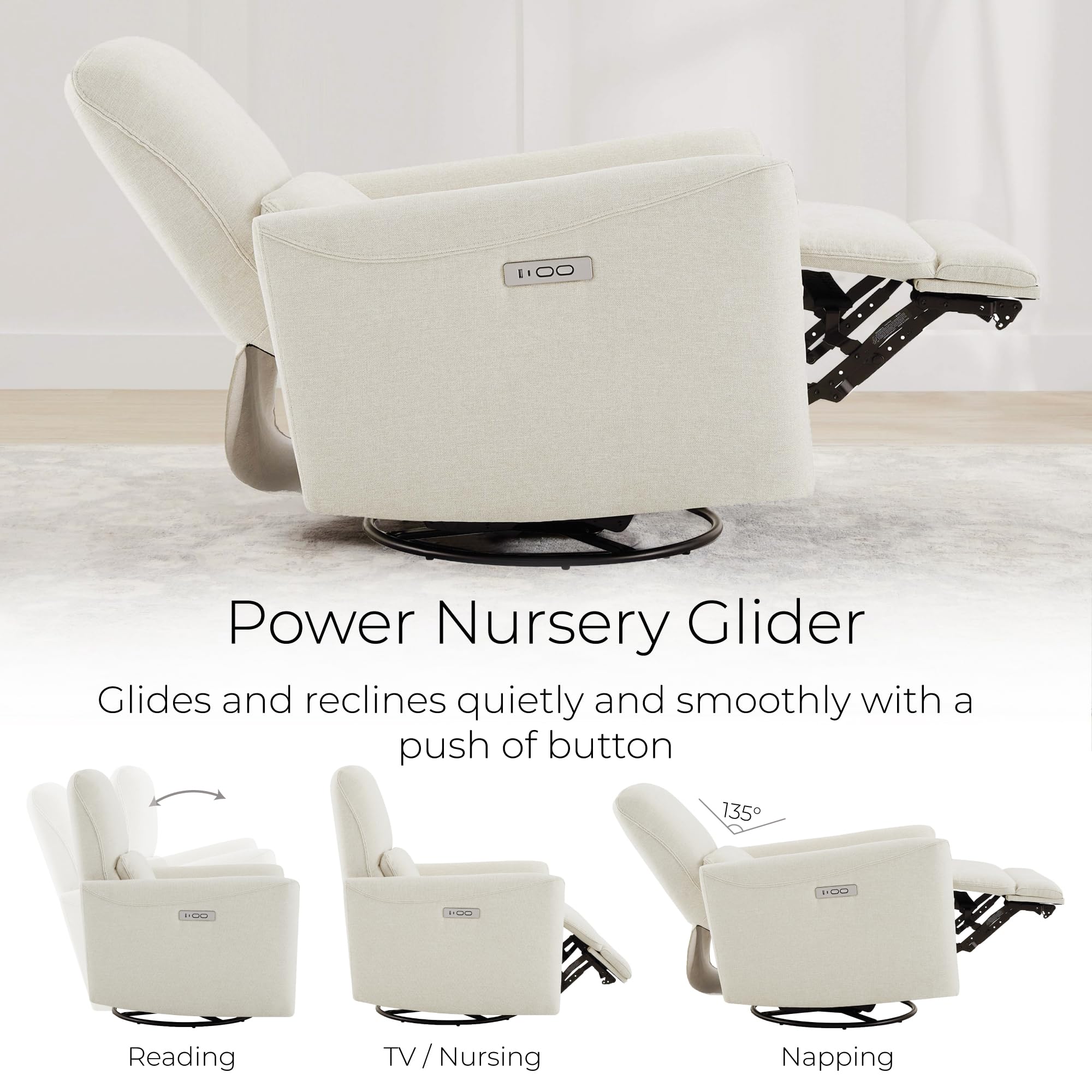 Power Recliner Chair Swivel Glider, FSC Certified Upholstered Living Room Nursery Reclining Sofa Chair with Lumbar Support, Linen