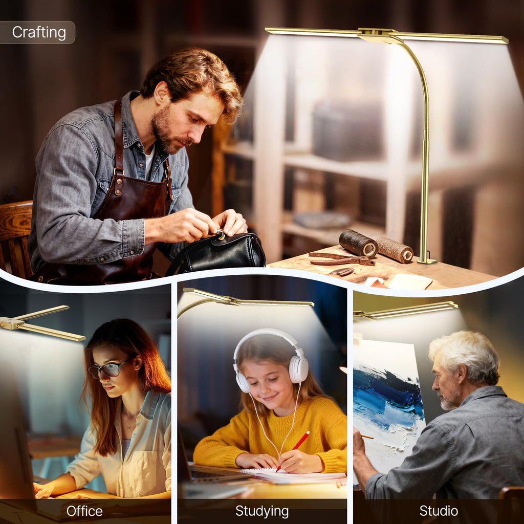 LED Desk Lamp for Office, Dual Head Eye-Care Architect Table Lamp, Gesture/Wired Control, Flexible Neck, Bright Desk Light with Memory/Timer, 50 Lighting Modes for Study, Drafting, Gold