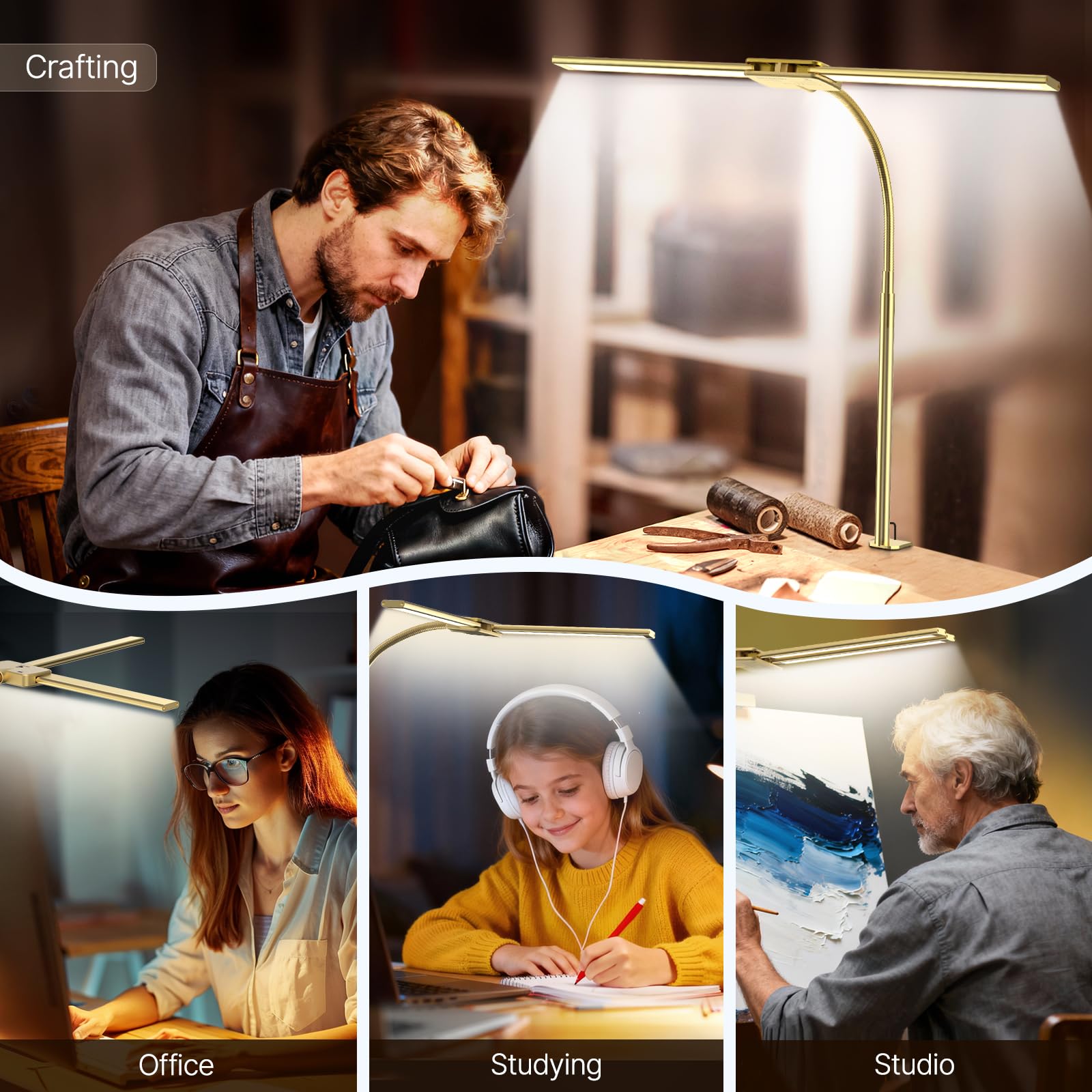 LED Desk Lamp for Office, Dual Head Eye-Care Architect Table Lamp, Gesture/Wired Control, Flexible Neck, Bright Desk Light with Memory/Timer, 50 Lighting Modes for Study, Drafting, Gold