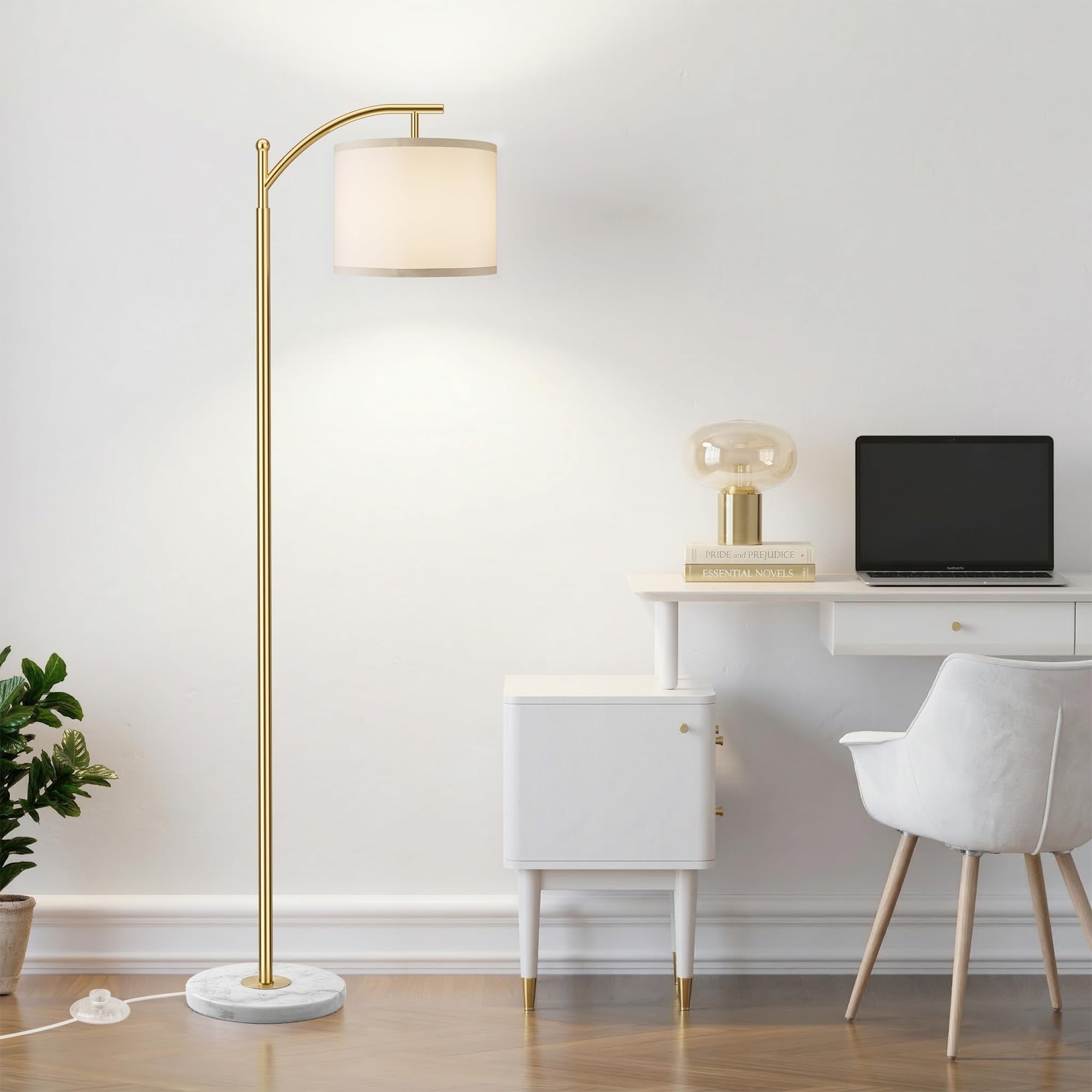 Gold Floor Lamp for Living Room with Marble Base, Modern Standing Lamp with 3 Color Temperatures Bulb & Adjustable Linen Shade, Tall Lamp for Bedroom Office Reading Nursery