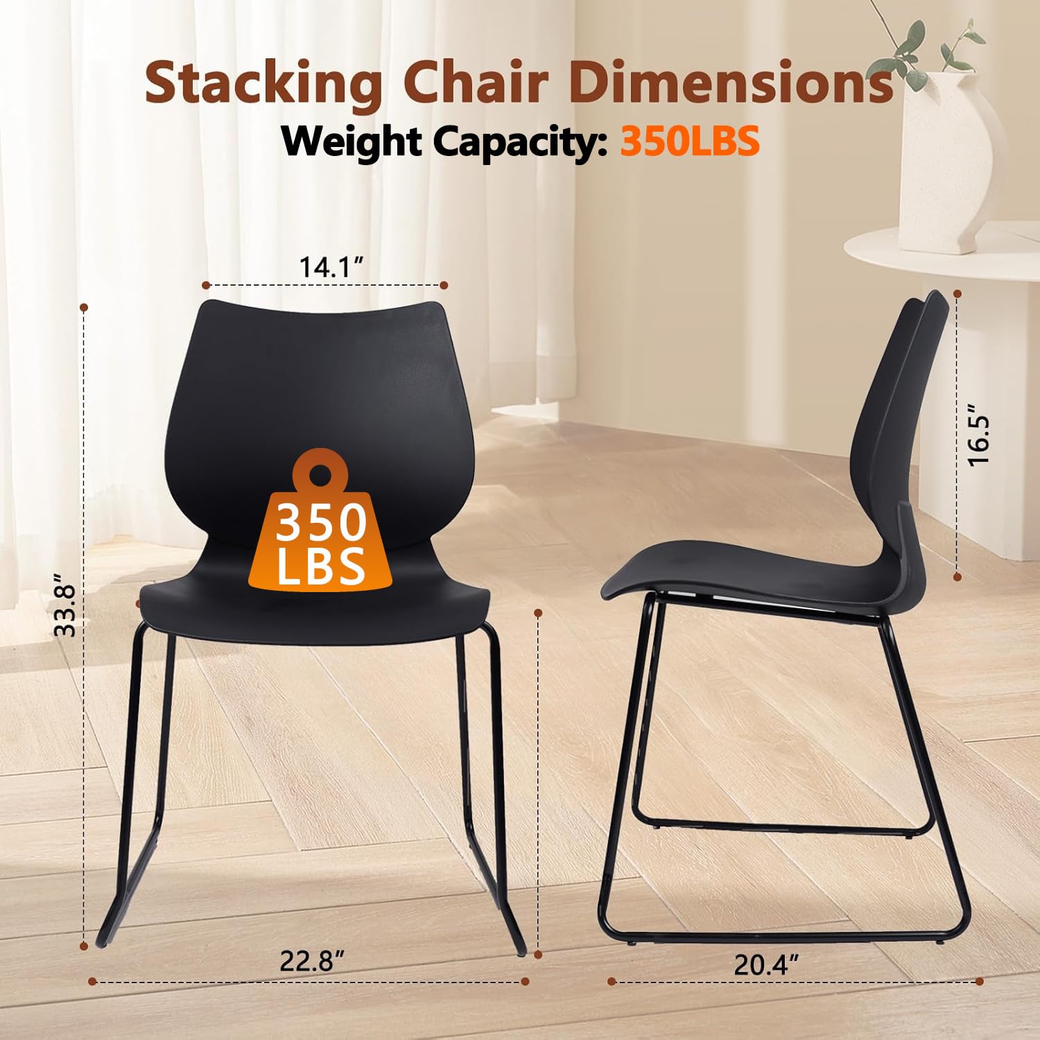 Set of 12, Stackable Waiting Room Chair, Stacking Office Chair with Ergonomic Lumbar Support and Metal Legs, Plastic Desk Chairs for Conference School Church Guest Reception , Black