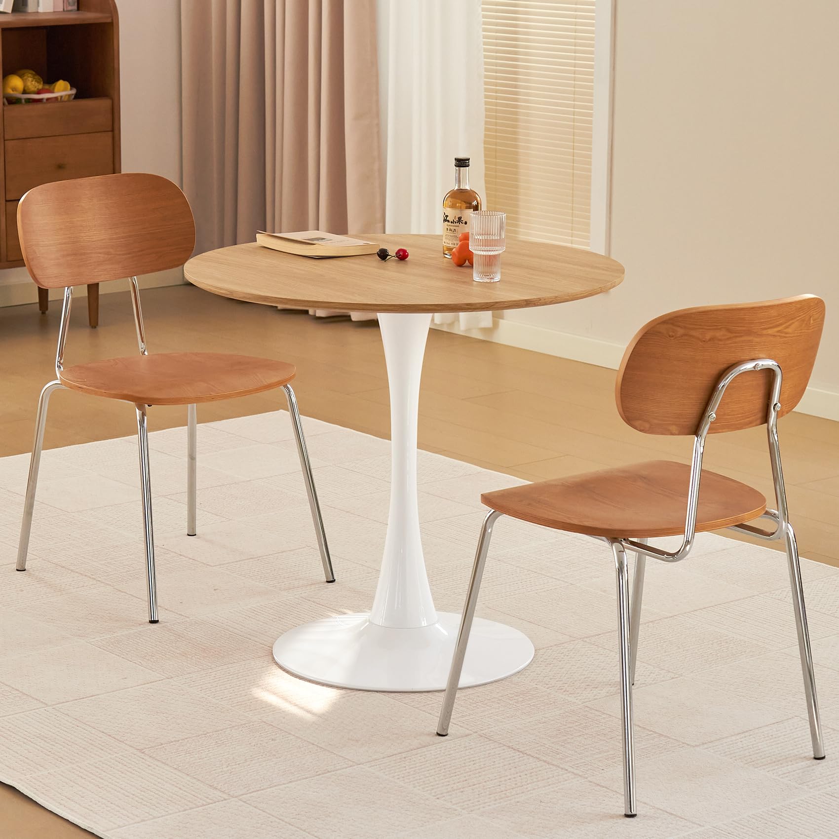 Hansweld Round Dining Table, 31.5" Circle Tulip Table with Thickened Tabletop & Metal Pedestal, Mid Century Modern Bistro Table for Kitchen, Small Places, Living Room, Cafe (Faux Oak)